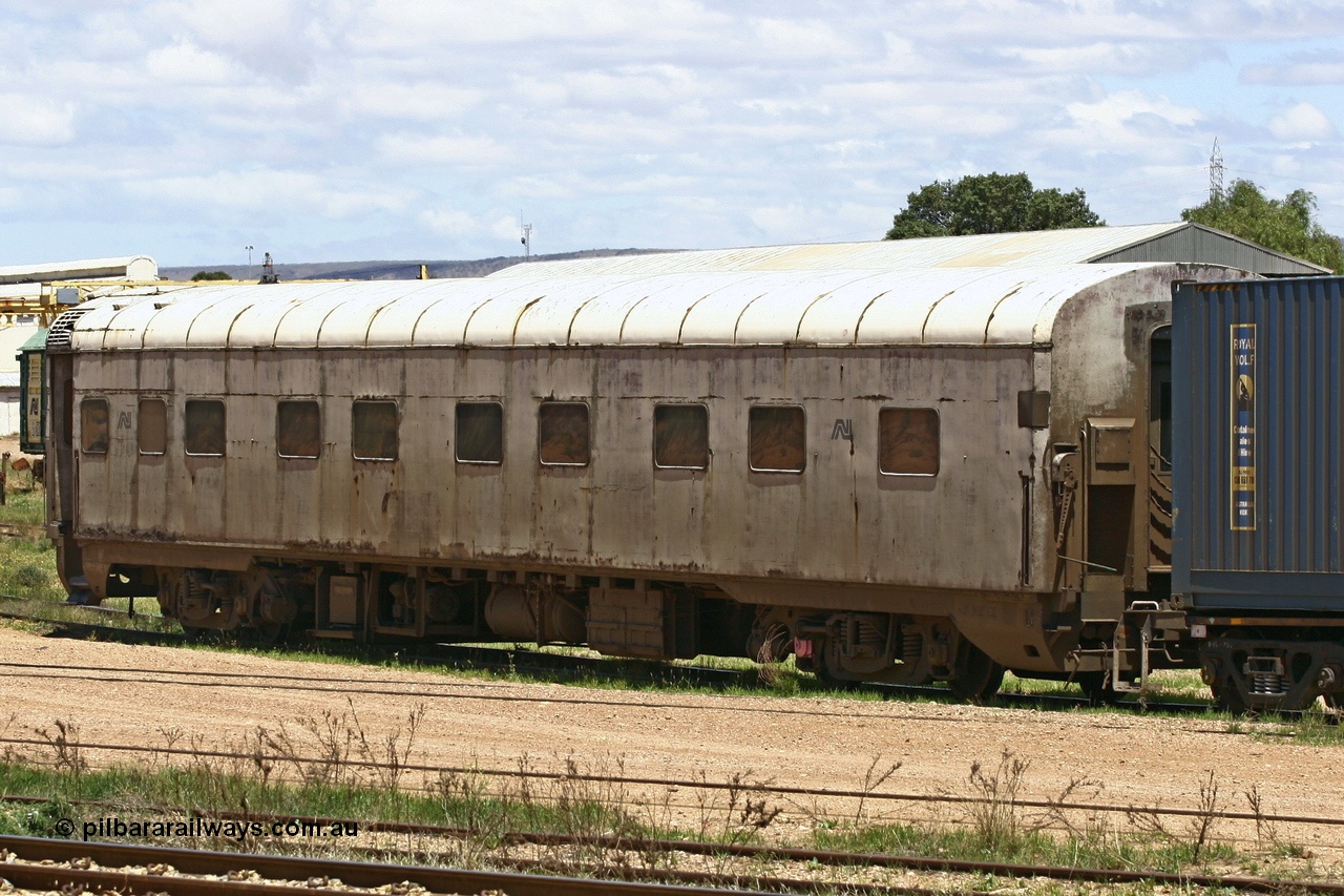 051103 6700
Spencer Junction yard, ECA 162 built by Comeng NSW in 1964 for Commonwealth Railways as a BRE type second class, air conditioned, twin berth staggered corridor steel sleeping car BRE 162. Converted to ECA type crew car in 1991. Seen here under GWA ownership on loan to Pacific National and in use on East-West freighters. Finally it was scrapped at Dry Creek in December 2014.
Keywords: ECA-type;ECA162;Comeng-NSW;BRE-type;BRE162;