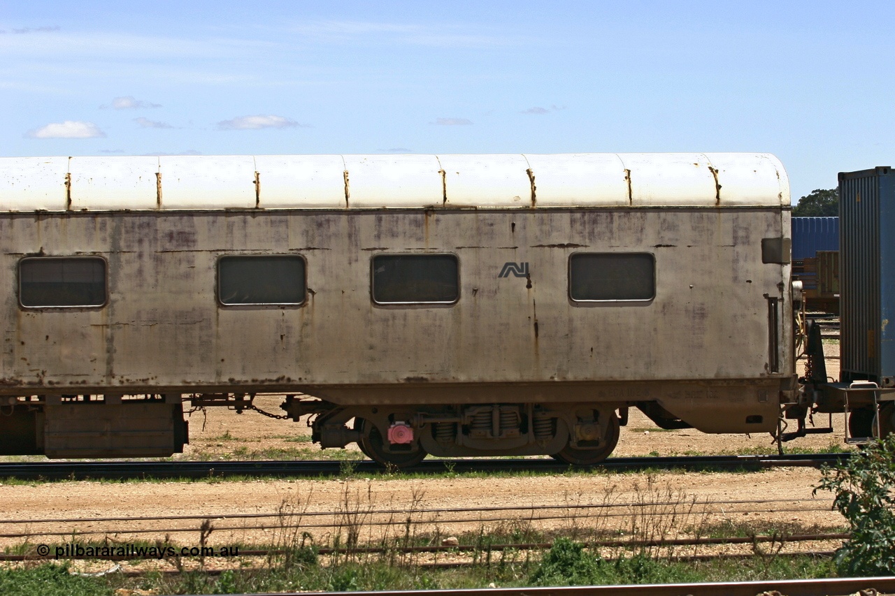 051103 6702
Spencer Junction yard, ECA 162 built by Comeng NSW in 1964 for Commonwealth Railways as a BRE type second class, air conditioned, twin berth staggered corridor steel sleeping car BRE 162. Converted to ECA type crew car in 1991. Seen here under GWA ownership on loan to Pacific National and in use on East-West freighters. Finally it was scrapped at Dry Creek in December 2014.
Keywords: ECA-type;ECA162;Comeng-NSW;BRE-type;BRE162;