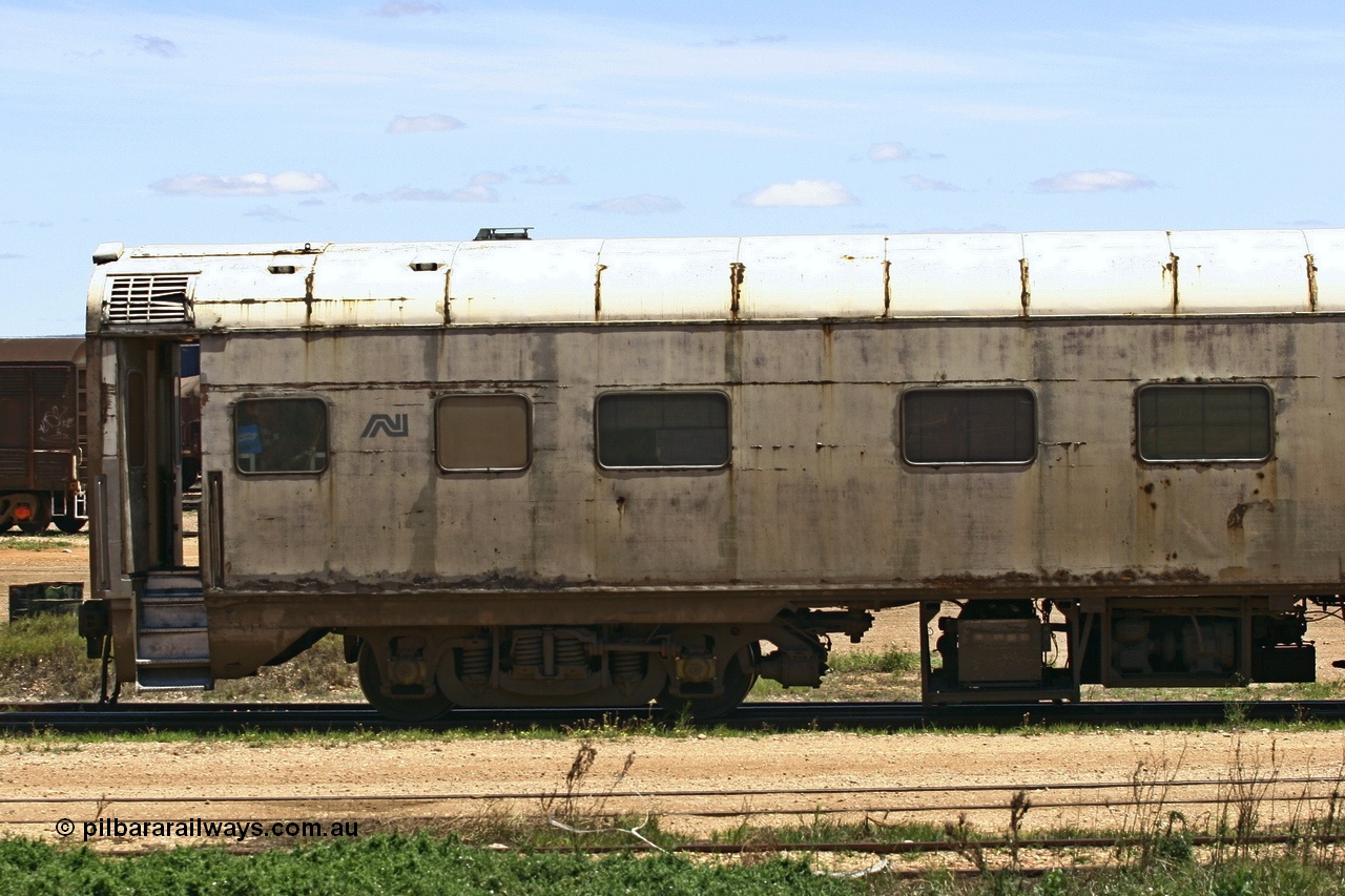 051103 6703
Spencer Junction yard, ECA 162 built by Comeng NSW in 1964 for Commonwealth Railways as a BRE type second class, air conditioned, twin berth staggered corridor steel sleeping car BRE 162. Converted to ECA type crew car in 1991. Seen here under GWA ownership on loan to Pacific National and in use on East-West freighters. Finally it was scrapped at Dry Creek in December 2014.
Keywords: ECA-type;ECA162;Comeng-NSW;BRE-type;BRE162;