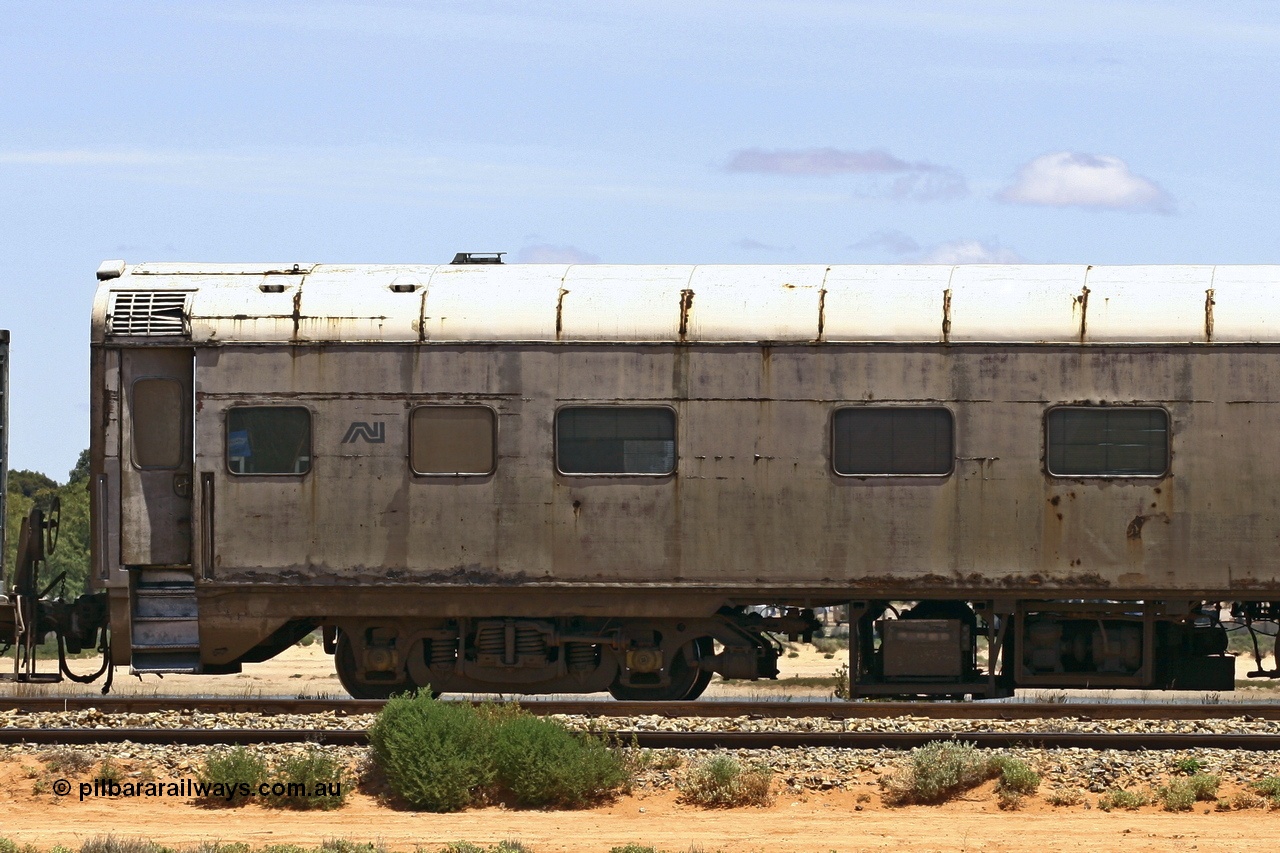 051103 6727
Spencer Junction yard, ECA 162 built by Comeng NSW in 1964 for Commonwealth Railways as a BRE type second class, air conditioned, twin berth staggered corridor steel sleeping car BRE 162. Converted to ECA type crew car in 1991. Seen here under GWA ownership on loan to Pacific National and in use on East-West freighters. Finally it was scrapped at Dry Creek in December 2014.
Keywords: ECA-type;ECA162;Comeng-NSW;BRE-type;BRE162;