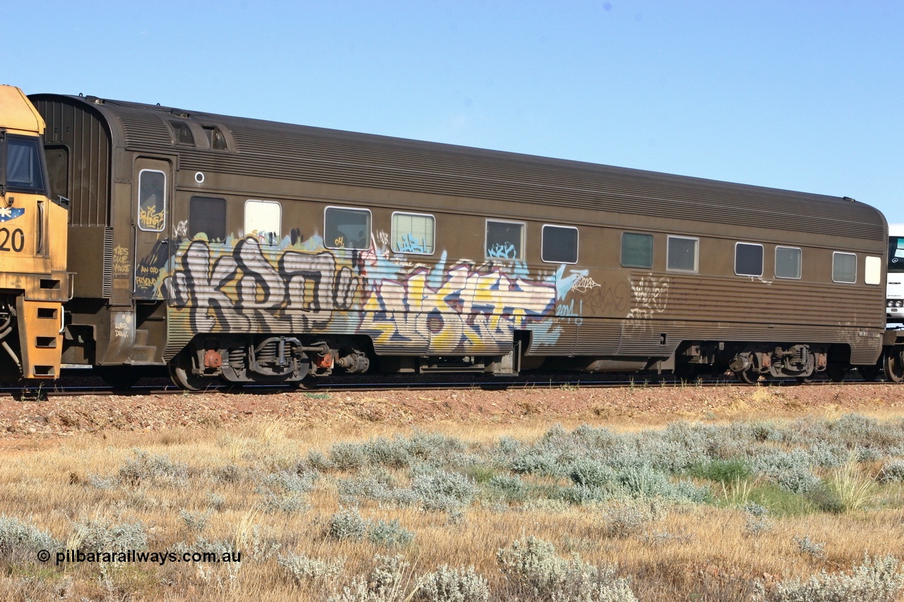 060107 1720
Tent Hill, Pacific National RZAY type crew accommodation coach RZAY 944 on train 5PM5, originally built by Comeng NSW in 1969 as a stainless steel air conditioned first class roomette sleeping car, renumbered to 944 for Indian Pacific service, sold to National Rail Corporation in 1997 and converted to a crew coach.
Keywords: RZAY-type;RZAY944;Comeng-NSW;ARJ-type;ARJ244;ARJ944;