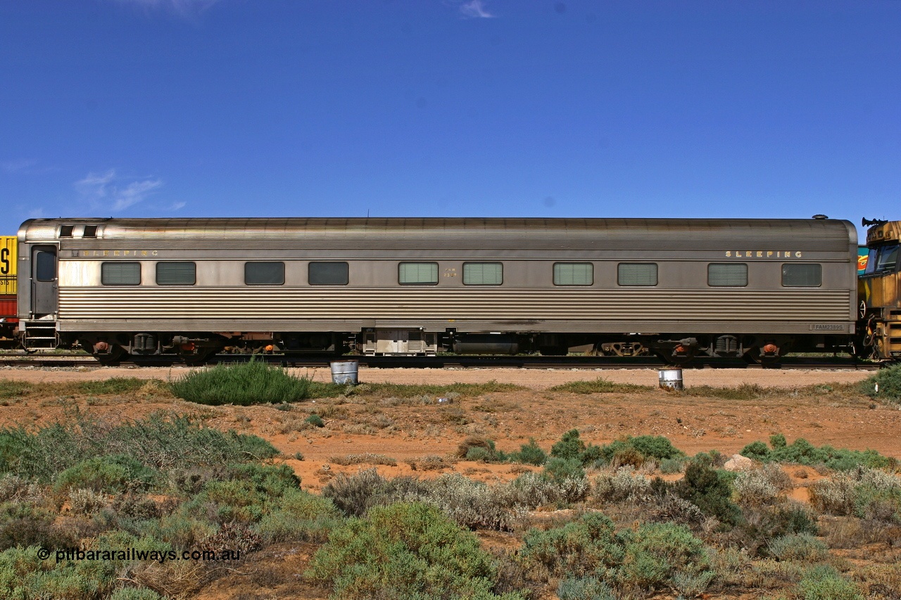 060107 1776
Spencer Junction yard, Pacific National FAM type crew accommodation coach FAM 2389 on train 6MP4, built for the NSWGR by Comeng NSW in 1976 as part of a batch of ten FAM type twinette sleeper cars, FAM 2389 was also the Lithgow breakdown train accommodation car for a time, converted to a crew car by Bluebird Rail at Islington in September 2005.
Keywords: FAM-type;FAM2389;Comeng-NSW;