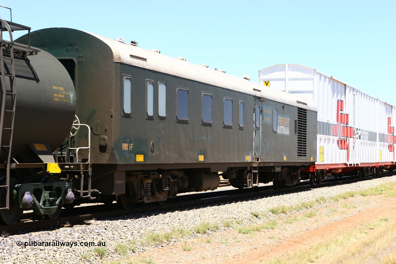 060107 1863
Winninowie, SCT VPAY type crew accommodation car VPAY 1 'Federation Straight' on train 6MP9, built by Tulloch Ltd NSW in 1968 as a narrow gauge brake van with sleeping accommodation as NHRD type NHRD 78, converted to standard gauge in 1981 and coded HRD type HRD 360. Sold to WCR, then in October 2000 overhauled for crew car use and coded VPAY 1 on SCT services and owned by Freight Australia. Was later sold to Pacific National and subsequently scrapped 2016.
Keywords: VPAY-type;VPAY1;Tulloch-Ltd-NSW;NHRD-type;NHRD78;HRD-type;HRD360;AVDY-type;AVDP-type;