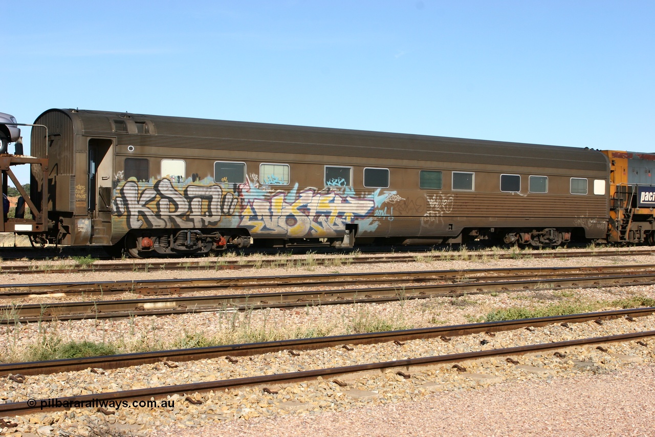 060108 2017
Spencer Junction yard, Pacific National RZAY type crew accommodation coach RZAY 944, originally built by Comeng NSW in 1969 as a stainless steel air conditioned first class roomette sleeping car, renumbered to 944 for Indian Pacific service, sold to National Rail Corporation in 1997 and converted to a crew coach.
Keywords: RZAY-type;RZAY944;Comeng-NSW;ARJ-type;ARJ244;ARJ944;