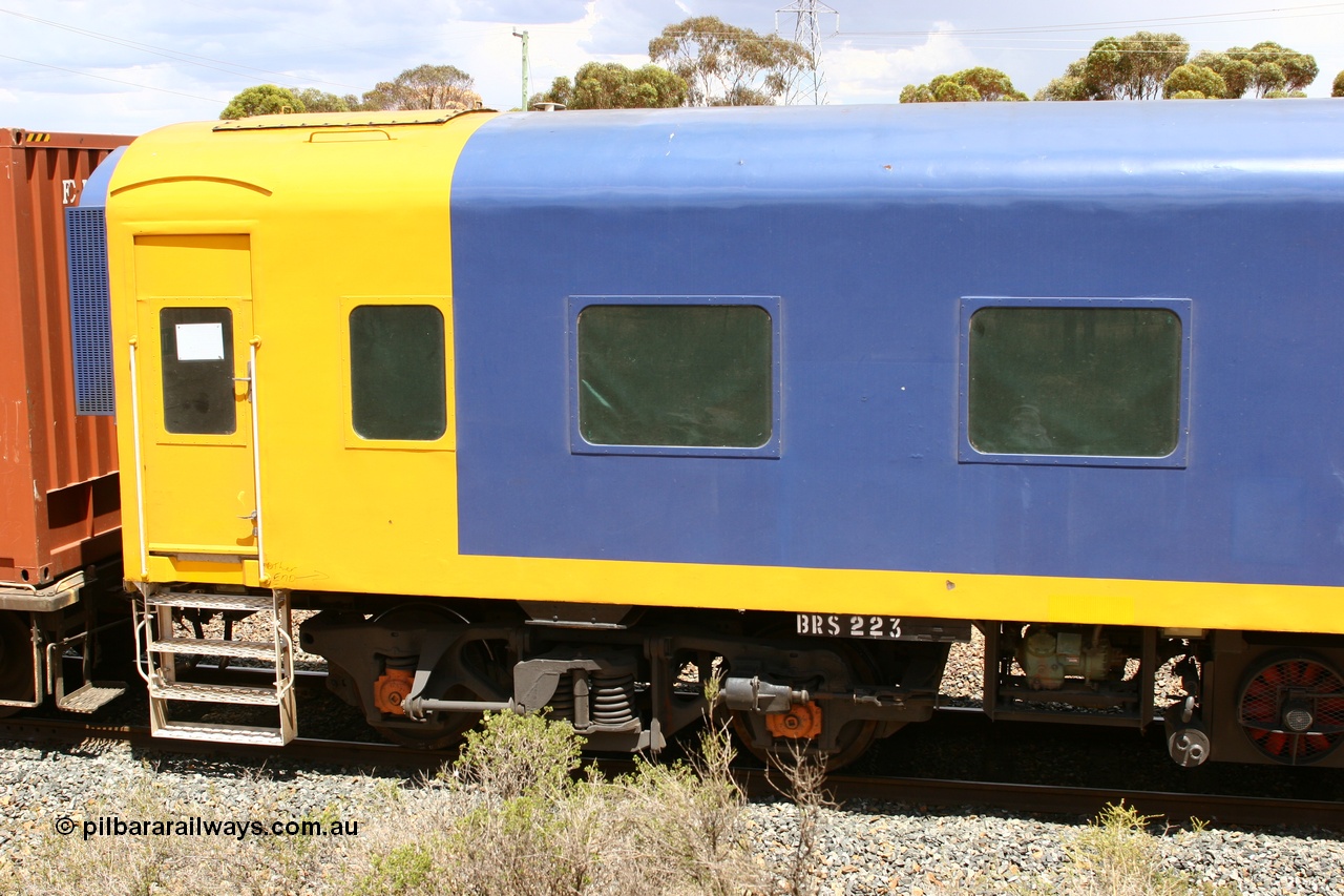 060116 2639
West Kalgoorlie, Pacific National BRS type crew accommodation coach BRS 223, originally built by Victorian Railways Newport Workshops in November 1949 as an AS type first class sitting car for the Spirit of Progress AS 12, in July 1953 converted to The Overland traffic as ABS type ABS 1 then in October 1972 converted back to AS 12, in June 1983 converted to a combined sitting accommodation and a mini refreshment service as BRS type BRS 3, then in September 1985 renumbered to BRS 223. Sold to West Coast Railway mid 1990s, converted to crew car after 2005.
Keywords: BRS-type;BRS223;Victorian-Railways-Newport-WS;AS-type;AS12;ABS-type;ABS1;BRS3;