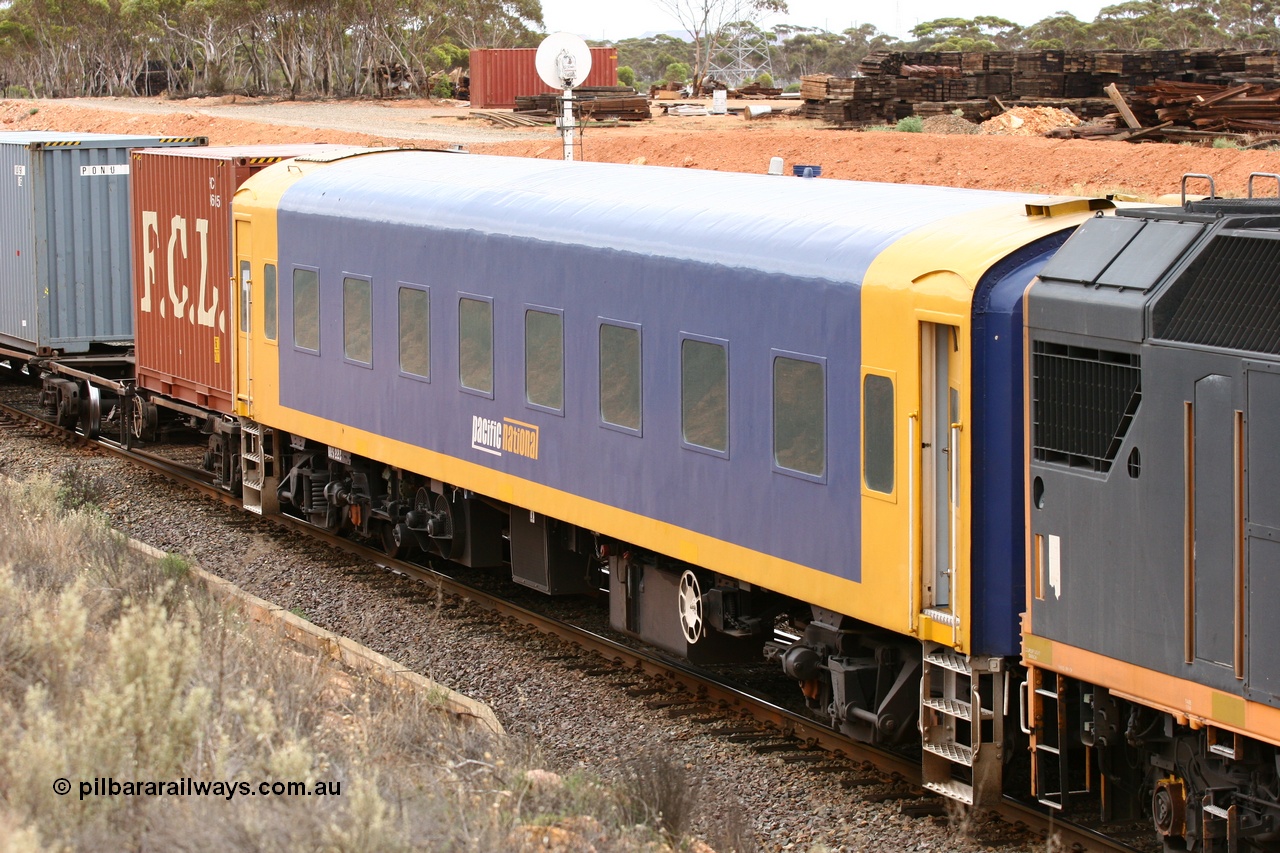 060116 2700
West Kalgoorlie, Pacific National BRS type crew accommodation coach BRS 223, originally built by Victorian Railways Newport Workshops in November 1949 as an AS type first class sitting car for the Spirit of Progress AS 12, in July 1953 converted to The Overland traffic as ABS type ABS 1 then in October 1972 converted back to AS 12, in June 1983 converted to a combined sitting accommodation and a mini refreshment service as BRS type BRS 3, then in September 1985 renumbered to BRS 223. Sold to West Coast Railway mid 1990s, converted to crew car after 2005.
Keywords: BRS-type;BRS223;Victorian-Railways-Newport-WS;AS-type;AS12;ABS-type;ABS1;BRS-type;BRS3;