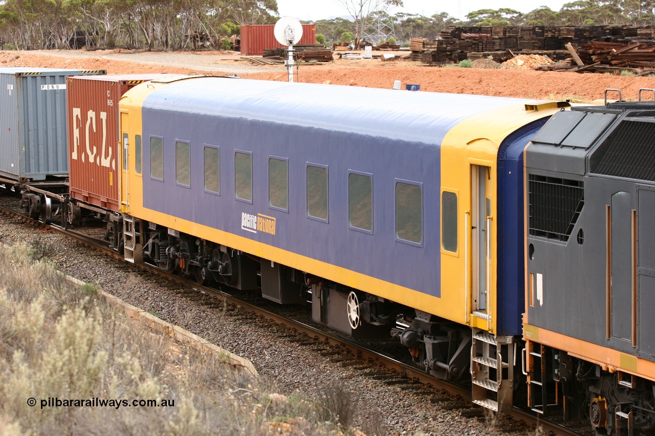 060116 2700
West Kalgoorlie, Pacific National BRS type crew accommodation coach BRS 223, originally built by Victorian Railways Newport Workshops in November 1949 as an AS type first class sitting car for the Spirit of Progress AS 12, in July 1953 converted to The Overland traffic as ABS type ABS 1 then in October 1972 converted back to AS 12, in June 1983 converted to a combined sitting accommodation and a mini refreshment service as BRS type BRS 3, then in September 1985 renumbered to BRS 223. Sold to West Coast Railway mid 1990s, converted to crew car after 2005.
Keywords: BRS-type;BRS223;Victorian-Railways-Newport-WS;AS-type;AS12;ABS-type;ABS1;BRS3;