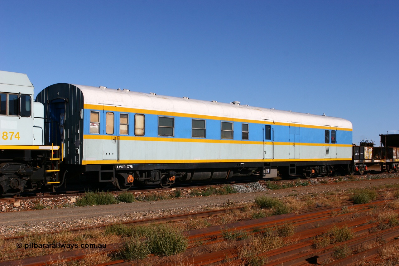 060528 4181
Parkeston, South Spur Rail AVDP type crew accommodation coach AVDP 277, built for the Commonwealth Railways by Comeng NSW as a brake van with sleeping accommodation as HRD type HRD 277 in 1971, modified for relay working in 1977, recoded to AVDY in 1983, then in 2002 leased for MurrayLander service before being sold to South Spur Rail and in this livery from mid 2005.
Keywords: AVDP-type;AVDP277;Comeng-NSW;HRD-type;HRD277;AVDY-type;