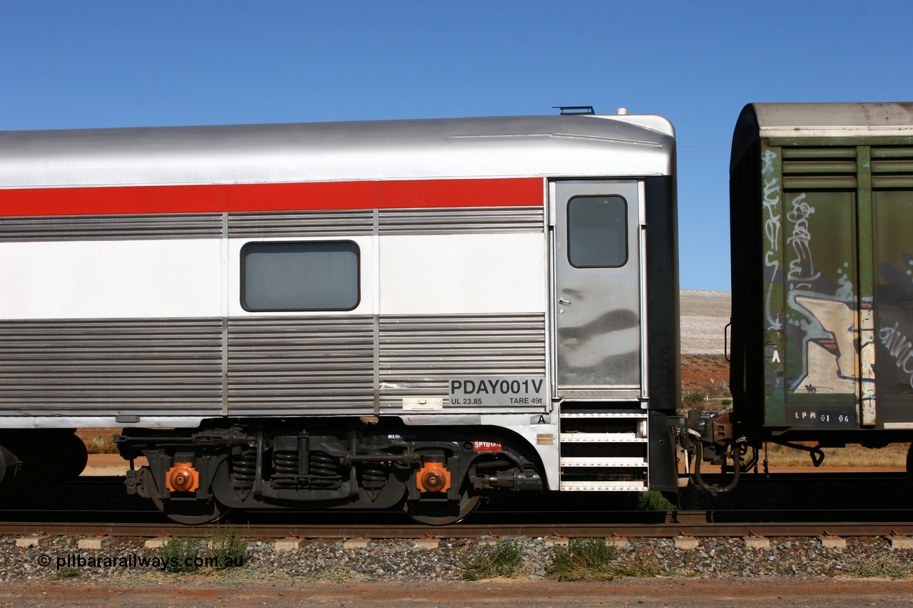 060528 4254
Parkeston, SCT PDAY type crew accommodation car PDAY 001 'Robert Mervin Yates', built by SAR Islington Workshops as a 250 type Bluebird second class railcar number 253 and named 'Pelican' in 1955, written off in 1995 and sold and eventually converted to a crew car by Bluebird Rail Services in 2005.
Keywords: PDAY-type;PDAY001;SAR-Islington-WS;Bluebird;250-type;