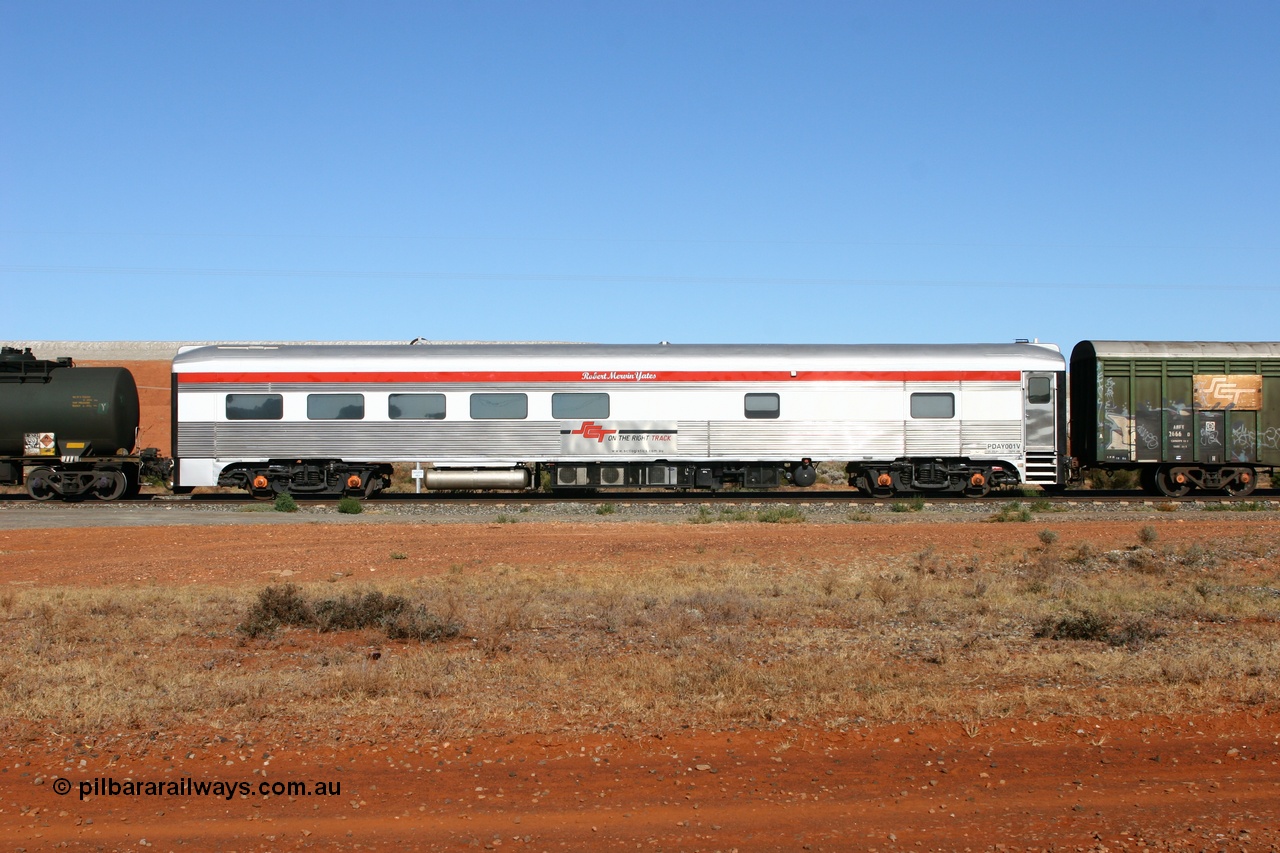 060528 4257
Parkeston, SCT PDAY type crew accommodation car PDAY 001 'Robert Mervin Yates', built by SAR Islington Workshops as a 250 type Bluebird second class railcar number 253 and named 'Pelican' in 1955, written off in 1995 and sold and eventually converted to a crew car by Bluebird Rail Services in 2005.
Keywords: PDAY-type;PDAY001;SAR-Islington-WS;Bluebird;250-type;