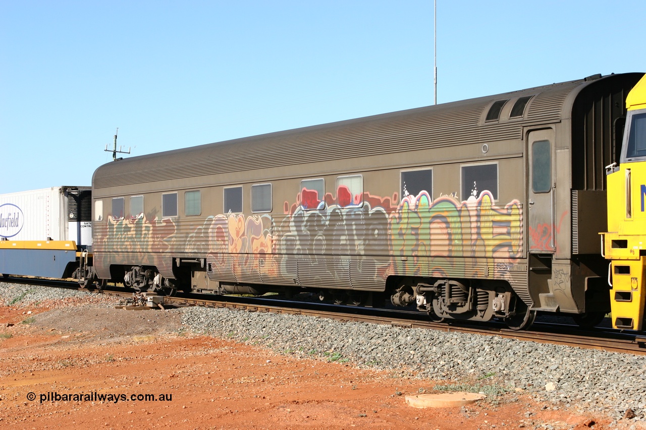 060528 4272
Parkeston, Pacific National RZAY type crew accommodation car RZAY 940 was built by Comeng NSW as an ARJ type stainless steel air conditioned first class roomette sleeping car ARJ 240 in 1968, allocated to the Indian Pacific Joint Stock in 1970, renumbered to ARJ 940 in 1974 and sold to National Rail and converted to crew car in 1997.
Keywords: RZAY-type;RZAY940;Comeng-NSW;ARJ-type;ARJ240;ARJ940;