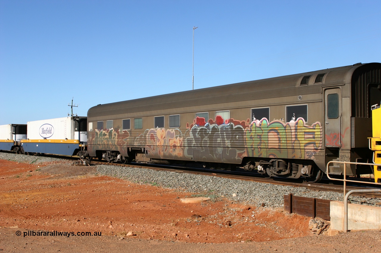 060528 4273
Parkeston, Pacific National RZAY type crew accommodation car RZAY 940 was built by Comeng NSW as an ARJ type stainless steel air conditioned first class roomette sleeping car ARJ 240 in 1968, allocated to the Indian Pacific Joint Stock in 1970, renumbered to ARJ 940 in 1974 and sold to National Rail and converted to crew car in 1997.
Keywords: RZAY-type;RZAY940;Comeng-NSW;ARJ-type;ARJ240;ARJ940;