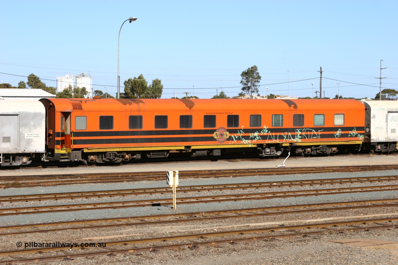 060528 4442
West Kalgoorlie, Australian Southern Railroad ECA type crew accommodation car ECA 98, originally built for the Commonwealth Railways by Wegmann & Co. in West Germany in 1955 as the ARF type first class air conditioned sleeper with rounded observation end ARF 98, rebuilt and recoded in 1972 without the observation end as BB type BB 98. Converted to a crew car in 1991.
Keywords: ECA-type;ECA98;Wegmann-&-Co-West-Germany;ARF-type;ARF98;BB-type;BB98;