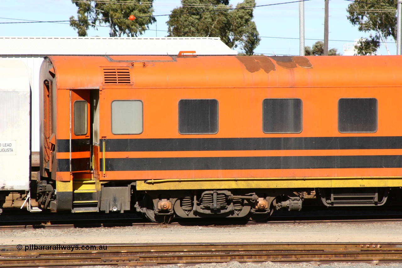 060528 4445
West Kalgoorlie, Australian Southern Railroad ECA type crew accommodation car ECA 98, originally built for the Commonwealth Railways by Wegmann & Co. in West Germany in 1955 as the ARF type first class air conditioned sleeper with rounded observation end ARF 98, rebuilt and recoded in 1972 without the observation end as BB type BB 98. Converted to a crew car in 1991.
Keywords: ECA-type;ECA98;Wegmann-&-Co-West-Germany;ARF-type;ARF98;BB-type;BB98;