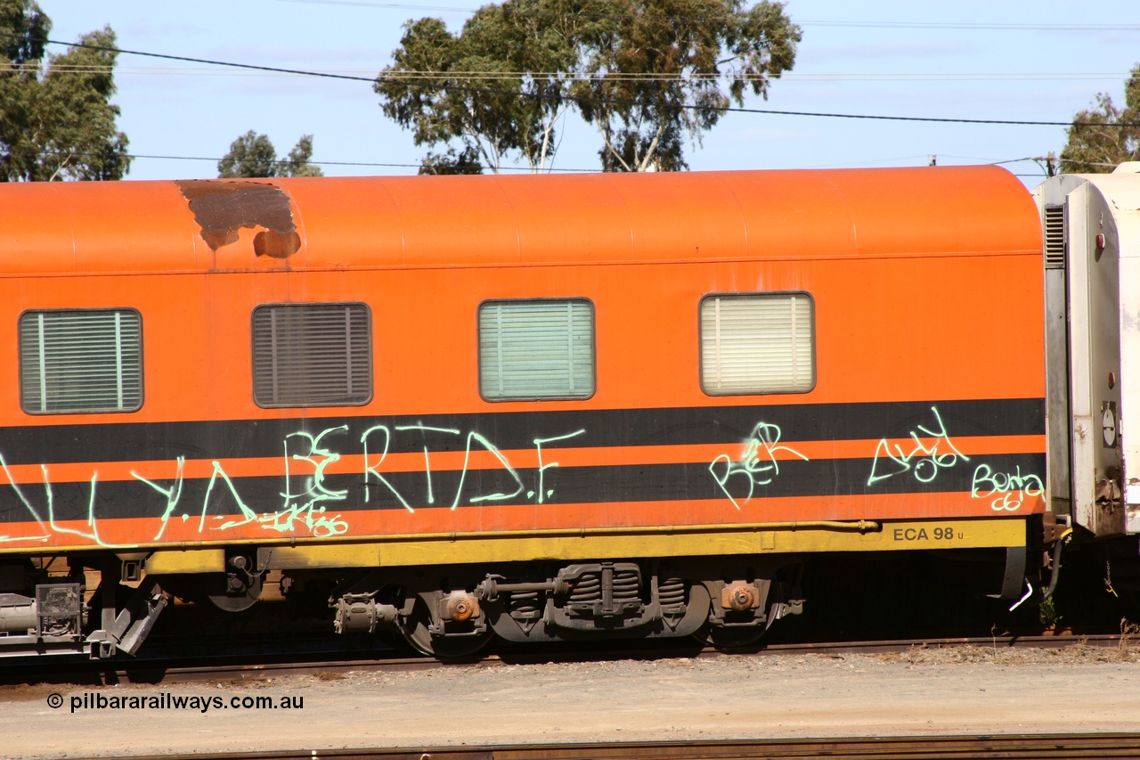 060528 4446
West Kalgoorlie, Australian Southern Railroad ECA type crew accommodation car ECA 98, originally built for the Commonwealth Railways by Wegmann & Co. in West Germany in 1955 as the ARF type first class air conditioned sleeper with rounded observation end ARF 98, rebuilt and recoded in 1972 without the observation end as BB type BB 98. Converted to a crew car in 1991.
Keywords: ECA-type;ECA98;Wegmann-&-Co-West-Germany;ARF-type;ARF98;BB-type;BB98;