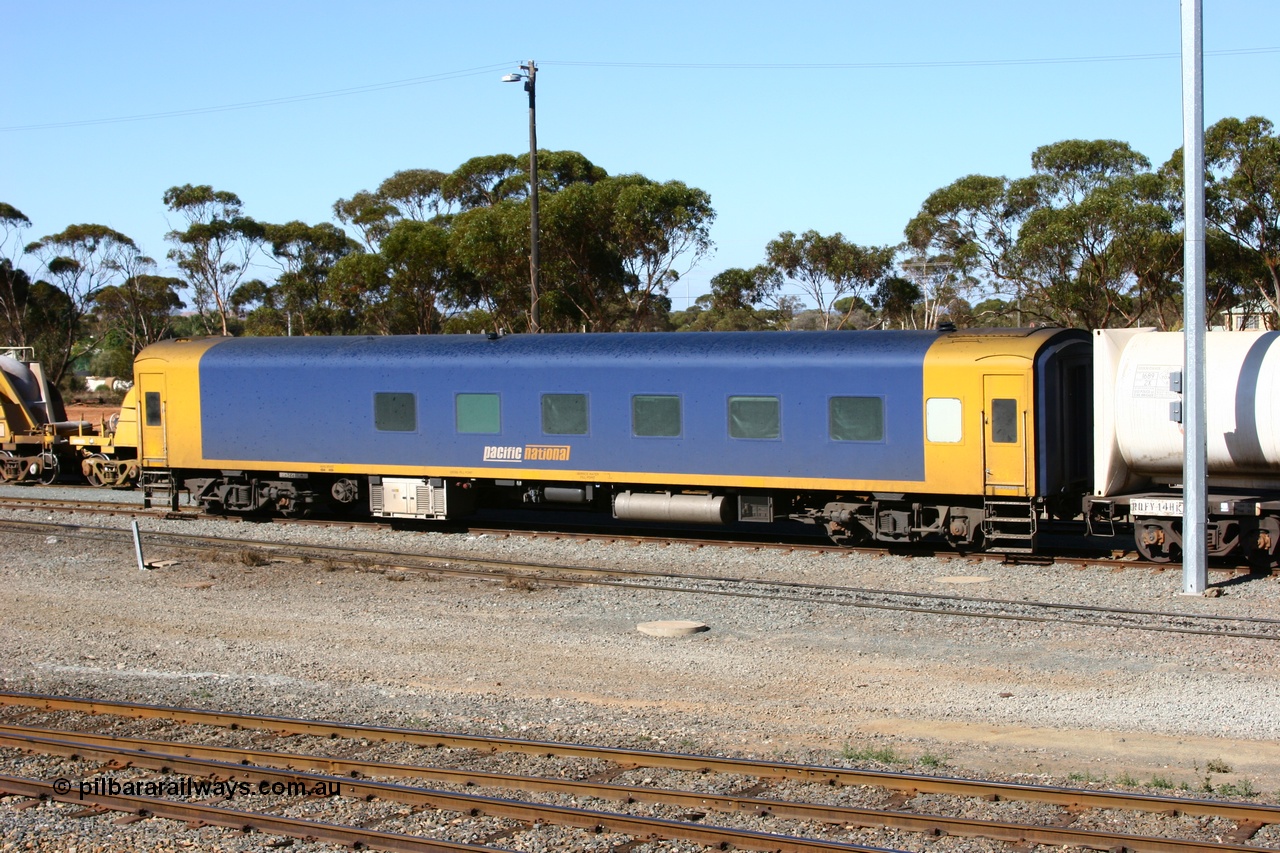 060528 4517
West Kalgoorlie, Pacific National BRS type crew accommodation coach BRS 221, originally built by Victorian Railways Newport Workshops in November 1940 as an AS type first class sitting car for the Spirit of Progress as AS 6, in April 1983 converted to a combined sitting accommodation and a mini refreshment service as BRS type BRS 1, then in September 1985 renumbered to BRS 221. Sold to West Coast Railway mid 1990s, converted to crew car after 2004.
Keywords: BRS-type;BRS221;Victorian-Railways-Newport-WS;AS-type;AS6;BRS-type;BRS1;