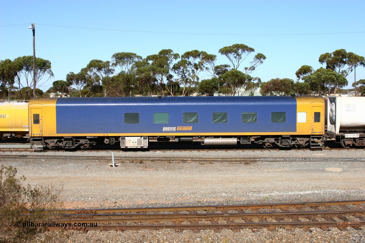 060528 4520
West Kalgoorlie, Pacific National BRS type crew accommodation coach BRS 221, originally built by Victorian Railways Newport Workshops in November 1940 as an AS type first class sitting car for the Spirit of Progress as AS 6, in April 1983 converted to a combined sitting accommodation and a mini refreshment service as BRS type BRS 1, then in September 1985 renumbered to BRS 221. Sold to West Coast Railway mid 1990s, converted to crew car after 2004.
Keywords: BRS-type;BRS221;Victorian-Railways-Newport-WS;AS-type;AS6;BRS-type;BRS1;