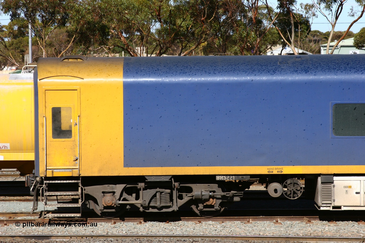 060528 4521
West Kalgoorlie, Pacific National BRS type crew accommodation coach BRS 221, originally built by Victorian Railways Newport Workshops in November 1940 as an AS type first class sitting car for the Spirit of Progress as AS 6, in April 1983 converted to a combined sitting accommodation and a mini refreshment service as BRS type BRS 1, then in September 1985 renumbered to BRS 221. Sold to West Coast Railway mid 1990s, converted to crew car after 2004.
Keywords: BRS-type;BRS221;Victorian-Railways-Newport-WS;AS-type;AS6;BRS-type;BRS1;