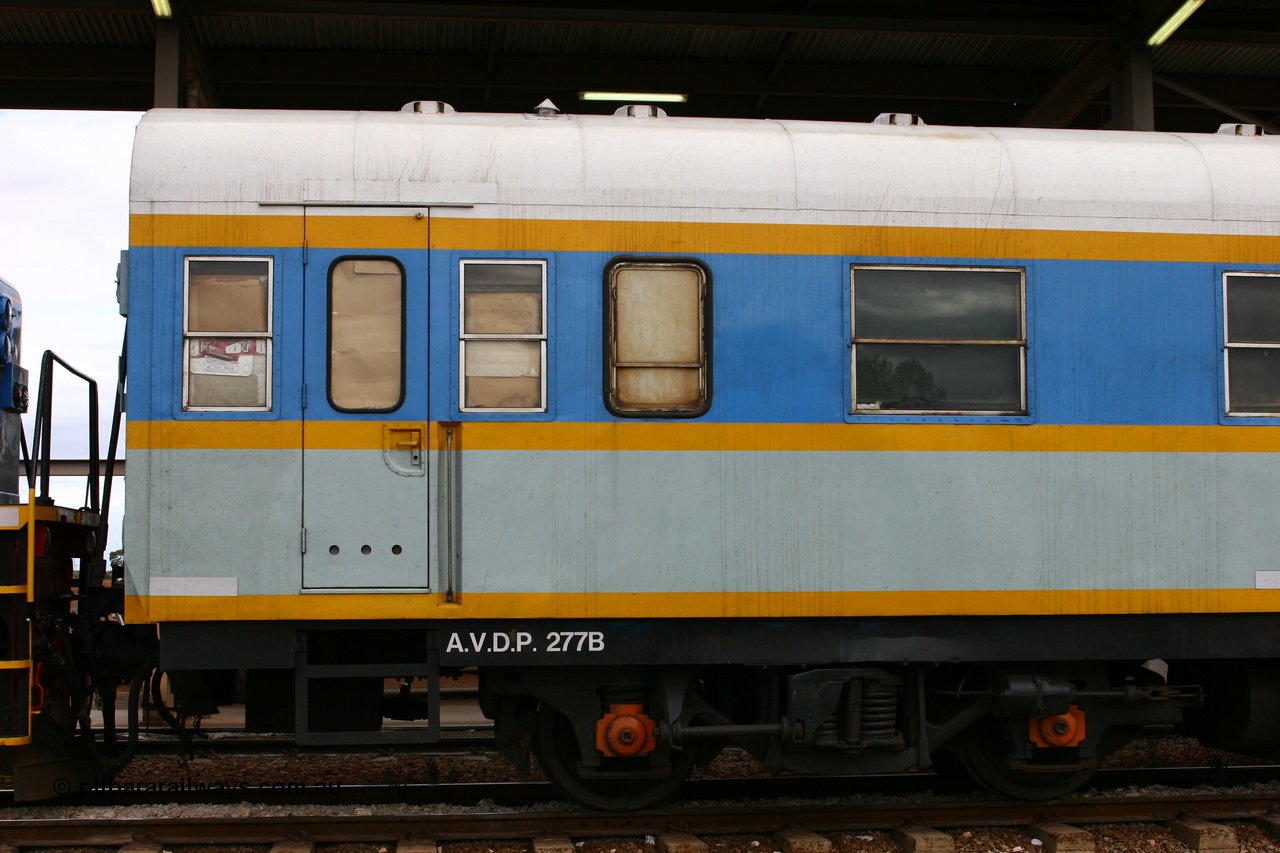 060529 4721
Parkeston, South Spur Rail AVDP type crew accommodation coach AVDP 277, built for the Commonwealth Railways by Comeng NSW as a brake van with sleeping accommodation as HRD type HRD 277 in 1971, modified for relay working in 1977, recoded to AVDY in 1983, then in 2002 leased for MurrayLander service before being sold to South Spur Rail and in this livery from mid 2005.
Keywords: AVDP-type;AVDP277;Comeng-NSW;HRD-type;HRD277;AVDY-type;