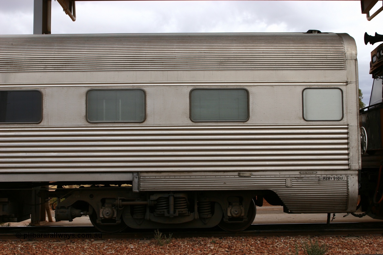 060529 4735
Parkeston, Pacific National RZBY type crew accommodation car RZBY 910 on train 6WP2, built by Comeng NSW as ER type stainless steel air conditioned crew dormitory car ER 210 in 1969, renumbered to ER 911 in 1974, sold to National Rail and converted to crew car in 1997.
Keywords: RZBY-type;RZBY910;Comeng-NSW;ER-type;ER210;ER910;