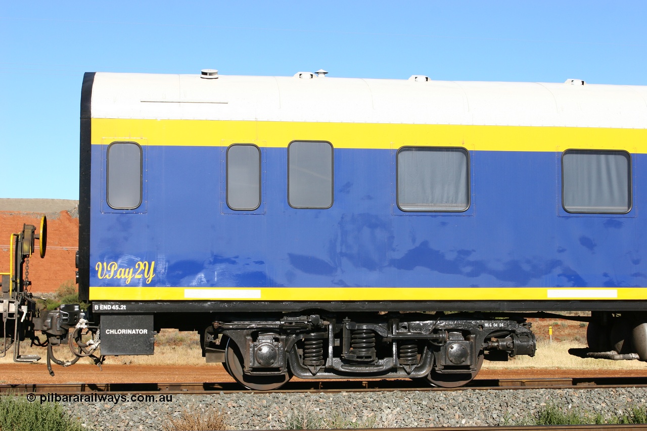 060530 4843
Parkeston, SCT VPAY type crew accommodation car VPAY 2 'Great Artesian' on train 2PM9, built by Tulloch Ltd NSW in 1968 as a narrow gauge brake van with sleeping accommodation as NHRD type NHRD 79, converted to standard gauge in 1981 and coded HRD type HRD 361. Recoded to AVDY in October 1982, then to AVDP. Sold to WCR, then in October 2000 overhauled for crew car use and coded VPAY 1 on SCT services and owned by Freight Australia. Was later sold to Pacific National and subsequently scrapped 2016.
Keywords: VPAY-type;VPAY2;Tulloch-Ltd-NSW;NHRD-type;NHRD79;HRD-type;HRD361;AVDY-type;AVDP-type;