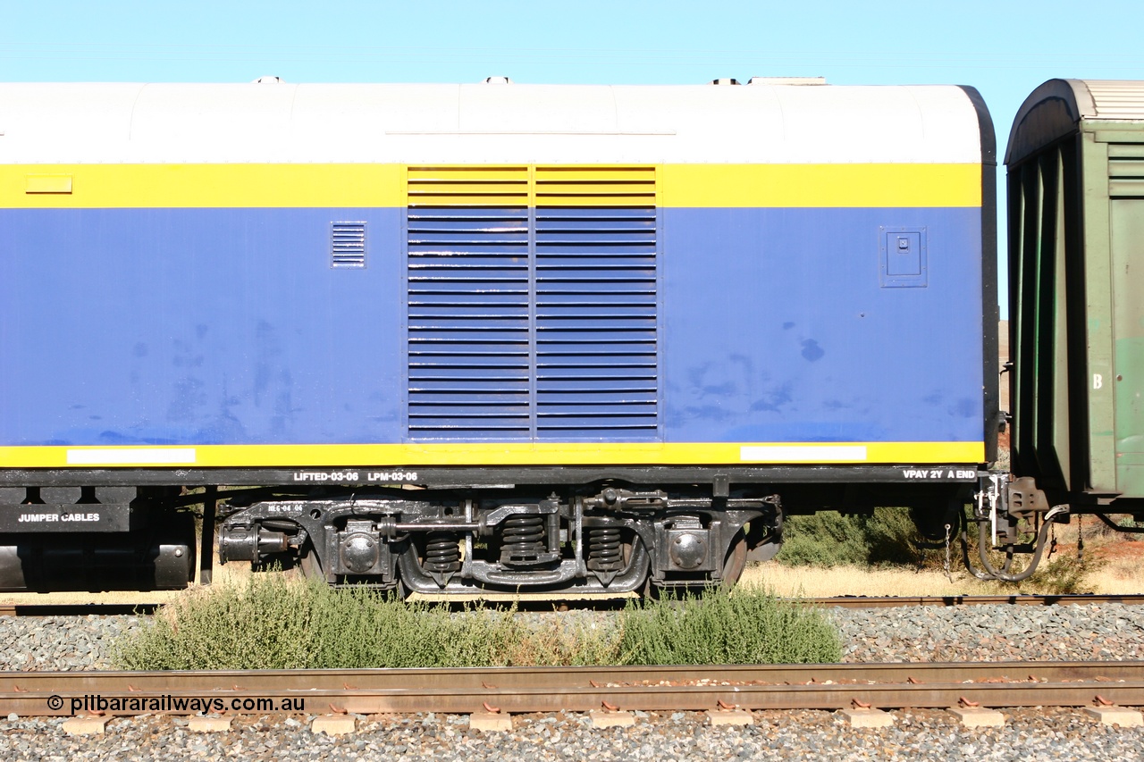 060530 4846
Parkeston, SCT VPAY type crew accommodation car VPAY 2 'Great Artesian' on train 2PM9, built by Tulloch Ltd NSW in 1968 as a narrow gauge brake van with sleeping accommodation as NHRD type NHRD 79, converted to standard gauge in 1981 and coded HRD type HRD 361. Recoded to AVDY in October 1982, then to AVDP. Sold to WCR, then in October 2000 overhauled for crew car use and coded VPAY 1 on SCT services and owned by Freight Australia. Was later sold to Pacific National and subsequently scrapped 2016.
Keywords: VPAY-type;VPAY2;Tulloch-Ltd-NSW;NHRD-type;NHRD79;HRD-type;HRD361;AVDY-type;AVDP-type;