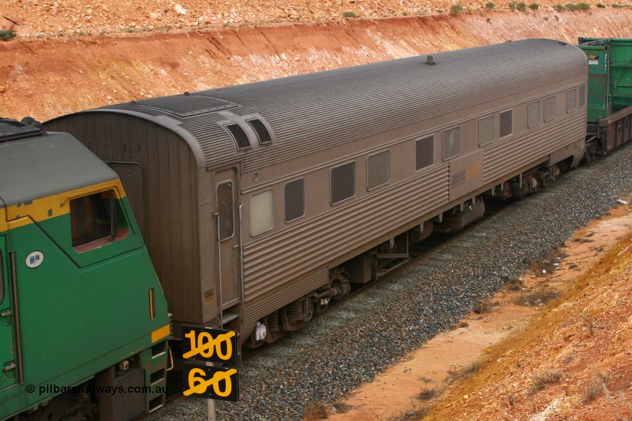 060601 5092
Parkeston, Pacific National RZAY type crew accommodation car RZAY 283 on train 4PM6 was built by Comeng NSW as an ARJ type stainless steel air conditioned first class roomette sleeping car ARJ 283 in 1972, sold to National Rail and converted to a crew car in 1997. Destroyed at the Golden Ridge derailment in January 2009.
Keywords: RZAY-type;RZAY283;Comeng-NSW;ARJ-type;ARJ283;