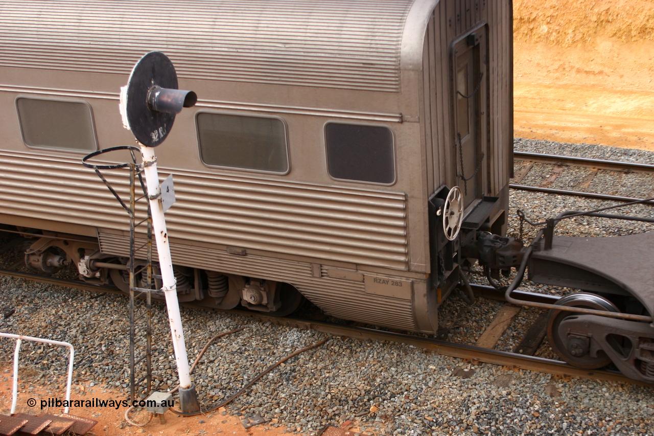 060601 5093
Parkeston, Pacific National RZAY type crew accommodation car RZAY 283 on train 4PM6 was built by Comeng NSW as an ARJ type stainless steel air conditioned first class roomette sleeping car ARJ 283 in 1972, sold to National Rail and converted to a crew car in 1997. Destroyed at the Golden Ridge derailment in January 2009.
Keywords: RZAY-type;RZAY283;Comeng-NSW;ARJ-type;ARJ283;