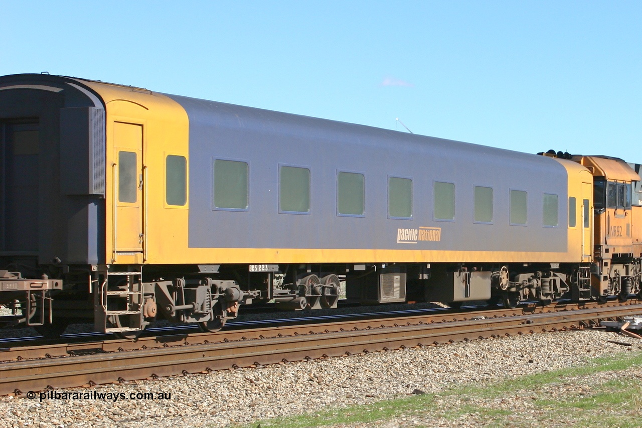 060602 5154
Midland, Pacific National BRS type crew accommodation coach BRS 223, originally built by Victorian Railways Newport Workshops in March 1949 as an AS type first class sitting car for the Spirit of Progress AS 12, in July 1952 converted to ABS type first and second class Spirit of Progress car ABS 1, in October 1972 reverted to AS 1, in June 1983 converted to a combined sitting accommodation and a mini refreshment service as BRS type BRS 3, then in September 1985 renumbered to BRS 223. Sold to West Coast Railway mid 1990s, converted to crew car after 2005.
Keywords: BRS-type;BRS223;Victorian-Railways-Newport-WS;AS-type;AS12;ABS-type;ABS1;BRS-type;BRS3;