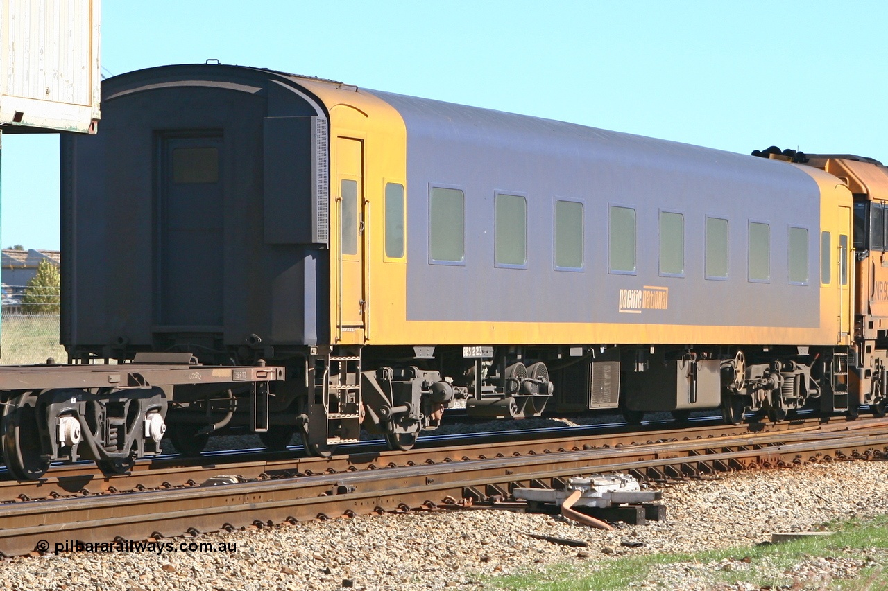 060602 5155
Midland, Pacific National BRS type crew accommodation coach BRS 223, originally built by Victorian Railways Newport Workshops in March 1949 as an AS type first class sitting car for the Spirit of Progress AS 12, in July 1952 converted to ABS type first and second class Spirit of Progress car ABS 1, in October 1972 reverted to AS 1, in June 1983 converted to a combined sitting accommodation and a mini refreshment service as BRS type BRS 3, then in September 1985 renumbered to BRS 223. Sold to West Coast Railway mid 1990s, converted to crew car after 2005.
Keywords: BRS-type;BRS223;Victorian-Railways-Newport-WS;AS-type;AS12;ABS-type;ABS1;BRS-type;BRS3;