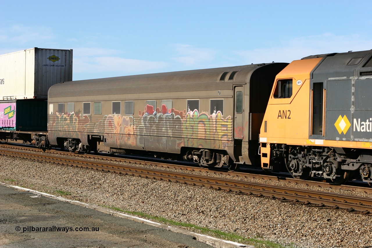 060603 5385
Midland, Pacific National RZAY type crew accommodation car RZAY 940 on train 4MP5 was built by Comeng NSW as an ARJ type stainless steel air conditioned first class roomette sleeping car ARJ 240 in 1968, allocated to the Indian Pacific Joint Stock in 1970, renumbered to ARJ 940 in 1974 and sold to National Rail and converted to crew car in 1997.
Keywords: RZAY-type;RZAY940;Comeng-NSW;ARJ-type;ARJ240;ARJ940;