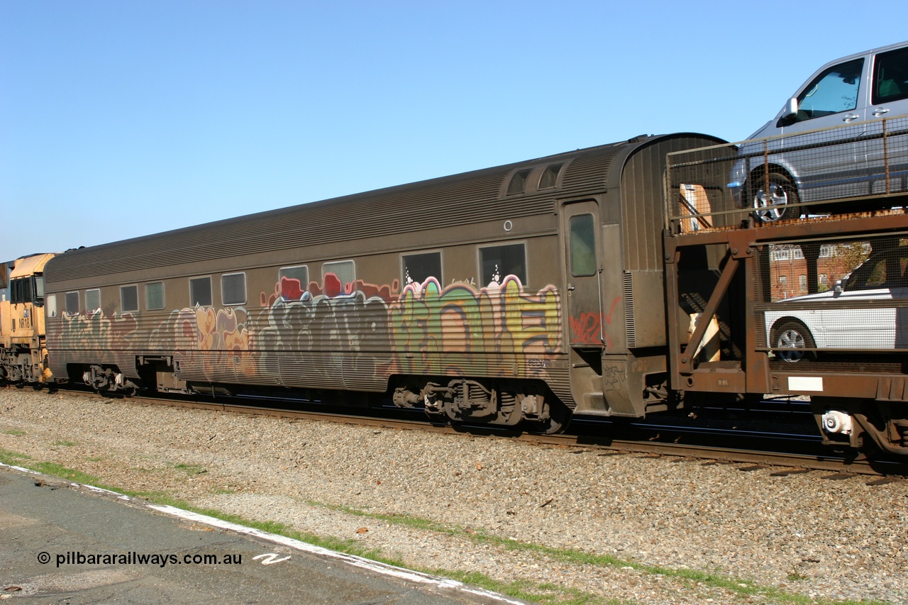 060603 5450
Midland, Pacific National RZAY type crew accommodation car RZAY 940 on train 7PS6 was built by Comeng NSW as an ARJ type stainless steel air conditioned first class roomette sleeping car ARJ 240 in 1968, allocated to the Indian Pacific Joint Stock in 1970, renumbered to ARJ 940 in 1974 and sold to National Rail and converted to crew car in 1997.
Keywords: RZAY-type;RZAY940;Comeng-NSW;ARJ-type;ARJ240;ARJ940;