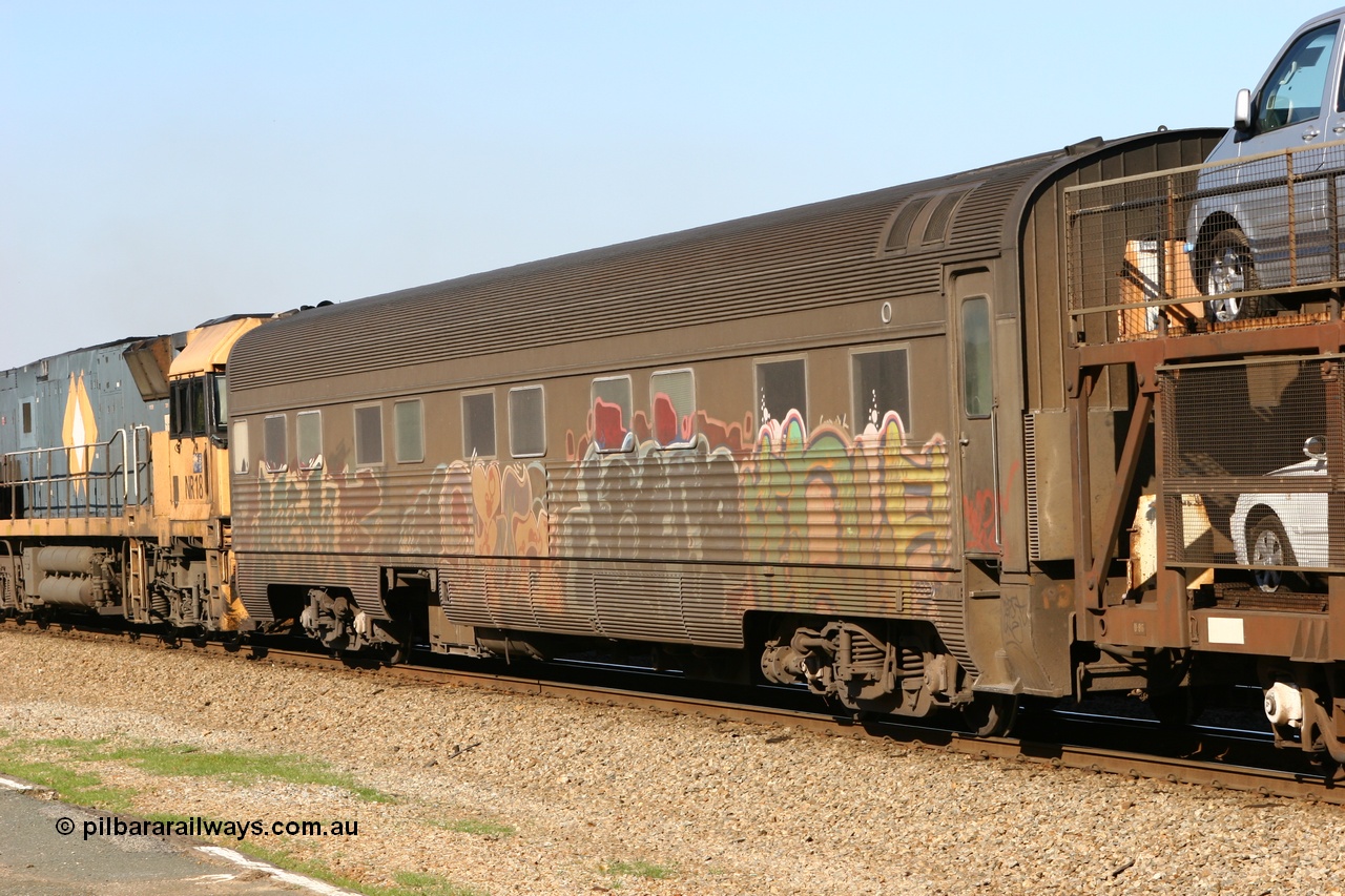 060603 5451
Midland, Pacific National RZAY type crew accommodation car RZAY 940 on train 7PS6 was built by Comeng NSW as an ARJ type stainless steel air conditioned first class roomette sleeping car ARJ 240 in 1968, allocated to the Indian Pacific Joint Stock in 1970, renumbered to ARJ 940 in 1974 and sold to National Rail and converted to crew car in 1997.
Keywords: RZAY-type;RZAY940;Comeng-NSW;ARJ-type;ARJ240;ARJ940;