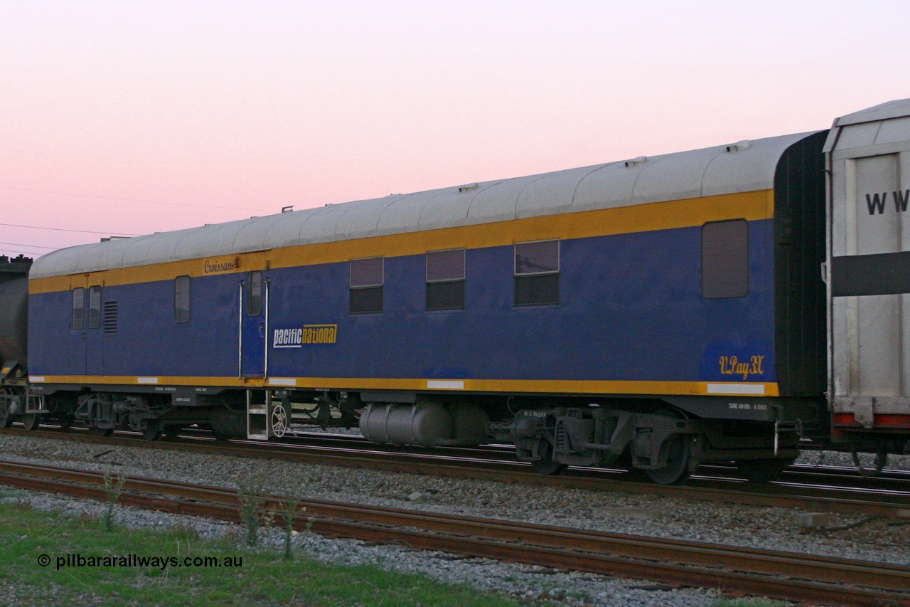 060604 5579
Midland, SCT VPAY type crew accommodation car VPAY 3 'Croissant' on train 1PM9, built by Tulloch Ltd NSW in 1971 as a brake van with sleeping accommodation as HRD type HRD 276. Recoded to AVDY in December 1983, then to AVDP. In October 2000 hired to Freight Australia for crew car use as code PVDP, was later sold to Pacific National and subsequently scrapped 2016.
Keywords: VPAY-type;VPAY3;Tulloch-Ltd-NSW;HRD-type;HRD276;AVDY-type;AVDP-type;PVDP-type;