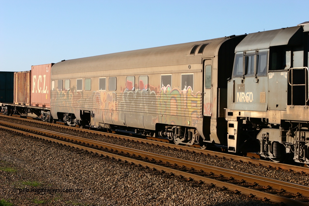 060608 5882
Midland, Pacific National RZAY type crew accommodation car RZAY 940 was built by Comeng NSW as an ARJ type stainless steel air conditioned first class roomette sleeping car ARJ 240 in 1968, allocated to the Indian Pacific Joint Stock in 1970, renumbered to ARJ 940 in 1974 and sold to National Rail and converted to crew car in 1997.
Keywords: RZAY-type;RZAY940;Comeng-NSW;ARJ-type;ARJ240;ARJ940;