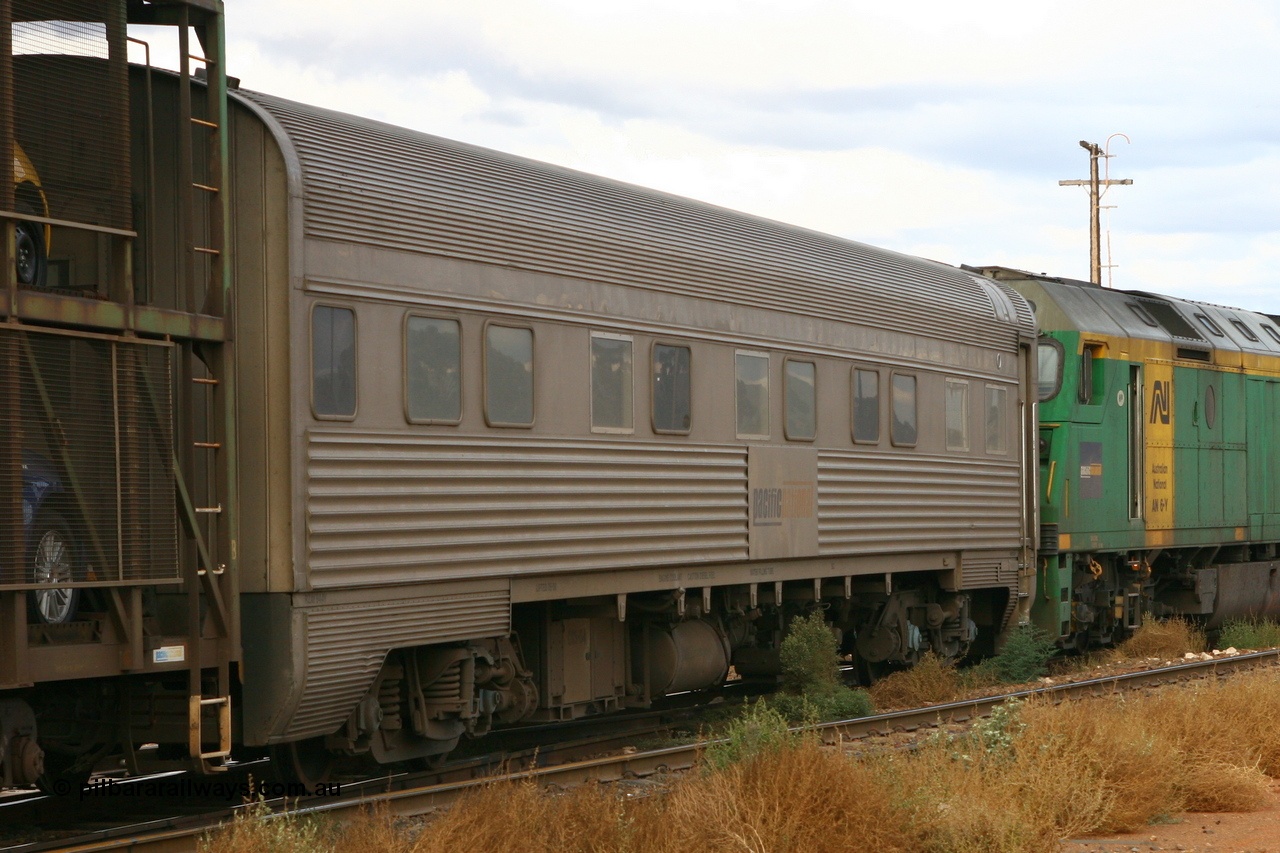 070526 9097
Parkeston, Pacific National RZAY type crew accommodation coach RZAY 944 on train 6PM6 originally built by Comeng NSW in 1969 as a stainless steel air conditioned first class roomette sleeping car, renumbered to 944 for Indian Pacific service, sold to National Rail Corporation in 1997 and converted to a crew coach.
Keywords: RZAY-type;RZAY944;Comeng-NSW;ARJ-type;ARJ244;ARJ944;