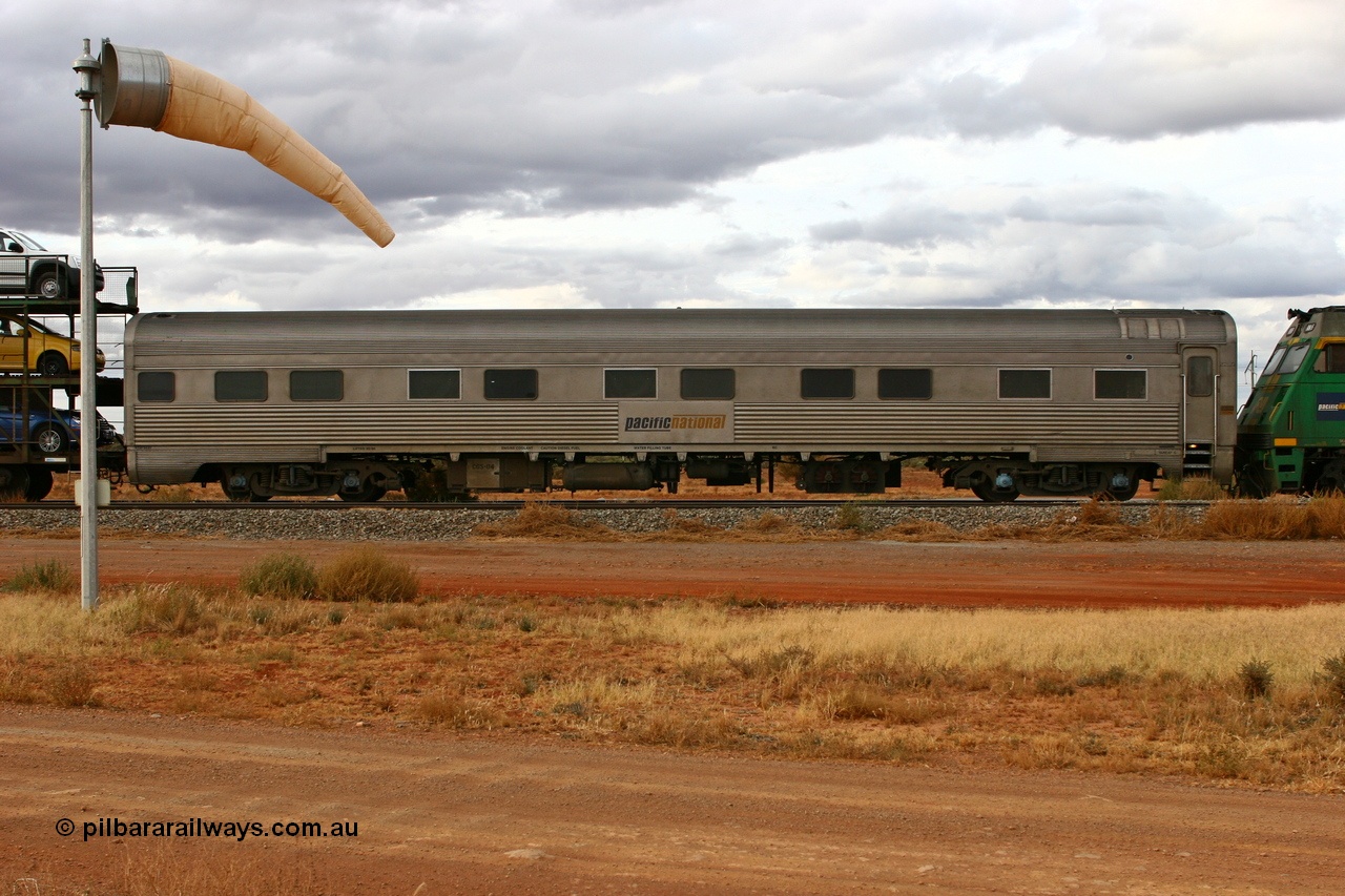 070526 9120
Parkeston, Pacific National RZAY type crew accommodation coach RZAY 944 on train 6PM6 originally built by Comeng NSW in 1969 as a stainless steel air conditioned first class roomette sleeping car, renumbered to 944 for Indian Pacific service, sold to National Rail Corporation in 1997 and converted to a crew coach.
Keywords: RZAY-type;RZAY944;Comeng-NSW;ARJ-type;ARJ244;ARJ944;