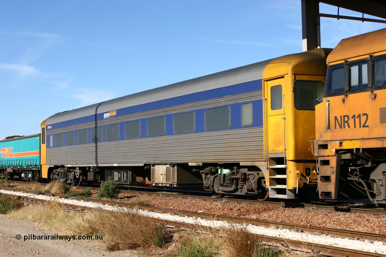 070527 9163
Parkeston; Pacific National RZDY type crew accommodation car RZDY 106 'Bittern' on train 6MP4 originally built by SAR Islington Workshops as a Bluebird railcar driving trailer in 1958 named 'Britten', in 1986 numbered 106, in 1990 converted to locomotive hauled and coded as BR type BR 106, written off in 1995 and sold off. In 1998 it was numbered 812. It was owned by a number of owners and then CFCLA. In 2006 converted to a Pacific National crew car.
Keywords: RZDY-type;RZDY106;SAR-Islington-WA;Bluebird;106;BR106;812;