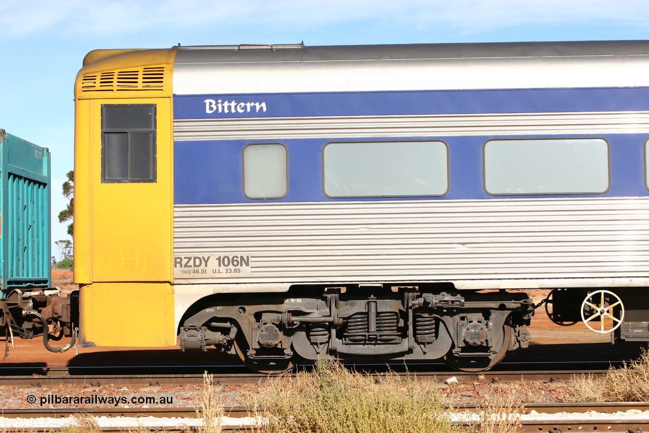 070527 9164
Parkeston; Pacific National RZDY type crew accommodation car RZDY 106 'Bittern' on train 6MP4 originally built by SAR Islington Workshops as a Bluebird railcar driving trailer in 1958 named 'Britten', in 1986 numbered 106, in 1990 converted to locomotive hauled and coded as BR type BR 106, written off in 1995 and sold off. In 1998 it was numbered 812. It was owned by a number of owners and then CFCLA. In 2006 converted to a Pacific National crew car.
Keywords: RZDY-type;RZDY106;SAR-Islington-WA;Bluebird;106;BR106;812;