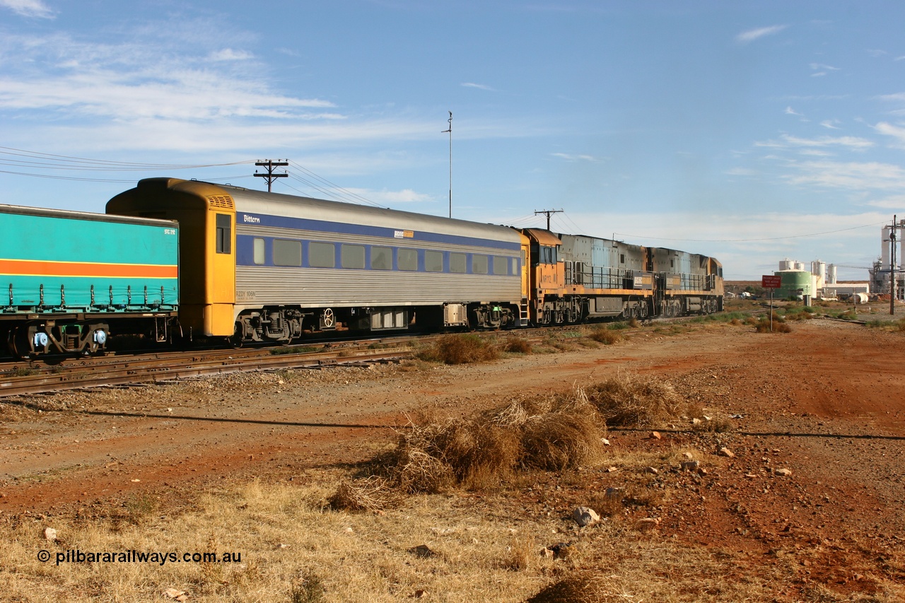 070527 9168
Parkeston; Pacific National RZDY type crew accommodation car RZDY 106 'Bittern' on train 6MP4 originally built by SAR Islington Workshops as a Bluebird railcar driving trailer in 1958 named 'Britten', in 1986 numbered 106, in 1990 converted to locomotive hauled and coded as BR type BR 106, written off in 1995 and sold off. In 1998 it was numbered 812. It was owned by a number of owners and then CFCLA. In 2006 converted to a Pacific National crew car.
Keywords: RZDY-type;RZDY106;SAR-Islington-WA;Bluebird;106;BR106;812;