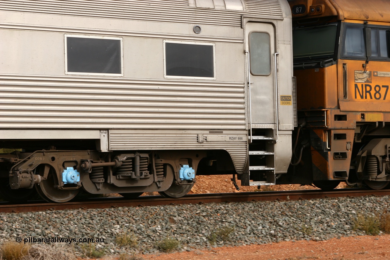 070527 9237
Parkeston, Pacific National RZAY type crew accommodation coach RZAY 986 on train 6SP6 originally built by Comeng NSW in 1972 as a stainless steel air conditioned first class roomette sleeping car, renumbered to 986 for Indian Pacific service, sold to National Rail Corporation in 1997 and converted to a crew car.
Keywords: RZAY-type;RZAY986;Comeng-NSW;ARJ-type;ARJ286;ARJ986;