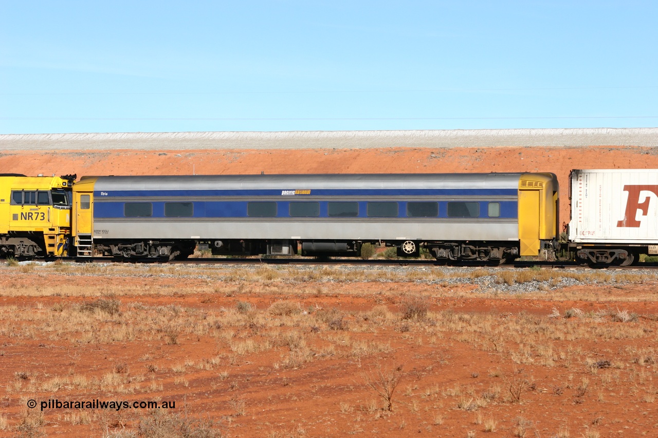 070529 9350
Parkeston; Pacific National RZDY type crew accommodation car RZDY 103 'Ibis' on train 2PM6 originally built by SAR Islington Workshops as a Bluebird railcar driving trailer in 1956 named 'Ibis', in 1986 numbered 103, in 1990 converted to locomotive hauled and coded as BR type BR 103, written off in 1995 and sold off. It was owned by a number of owners and finally in 2006 converted to a Pacific National crew car.
Keywords: RZDY-type;RZDY103;SAR-Islington-WA;Bluebird;103;BR103;812;