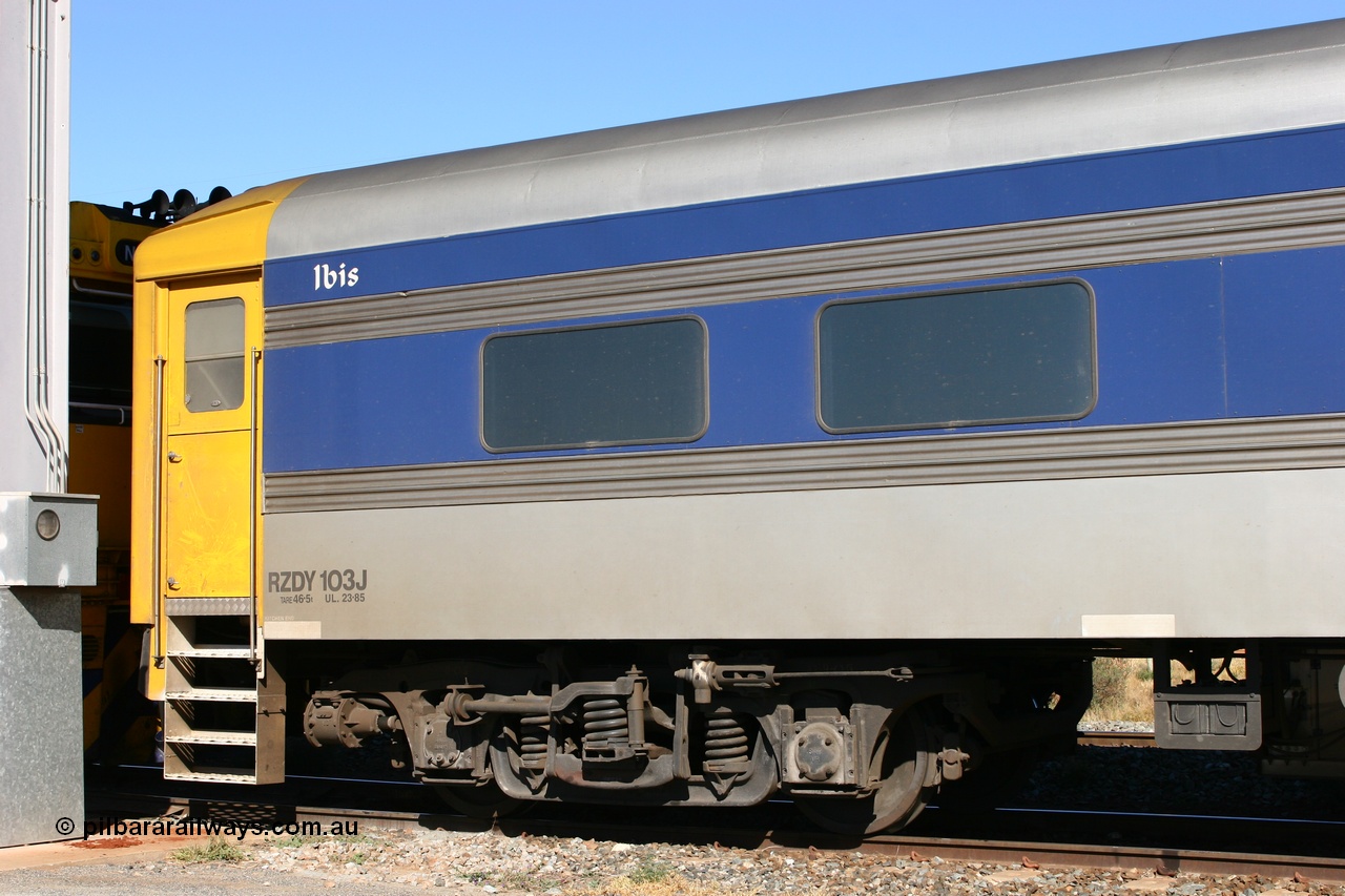 070529 9352
Parkeston; Pacific National RZDY type crew accommodation car RZDY 103 'Ibis' on train 2PM6 originally built by SAR Islington Workshops as a Bluebird railcar driving trailer in 1956 named 'Ibis', in 1986 numbered 103, in 1990 converted to locomotive hauled and coded as BR type BR 103, written off in 1995 and sold off. It was owned by a number of owners and finally in 2006 converted to a Pacific National crew car.
Keywords: RZDY-type;RZDY103;SAR-Islington-WA;Bluebird;103;BR103;812;