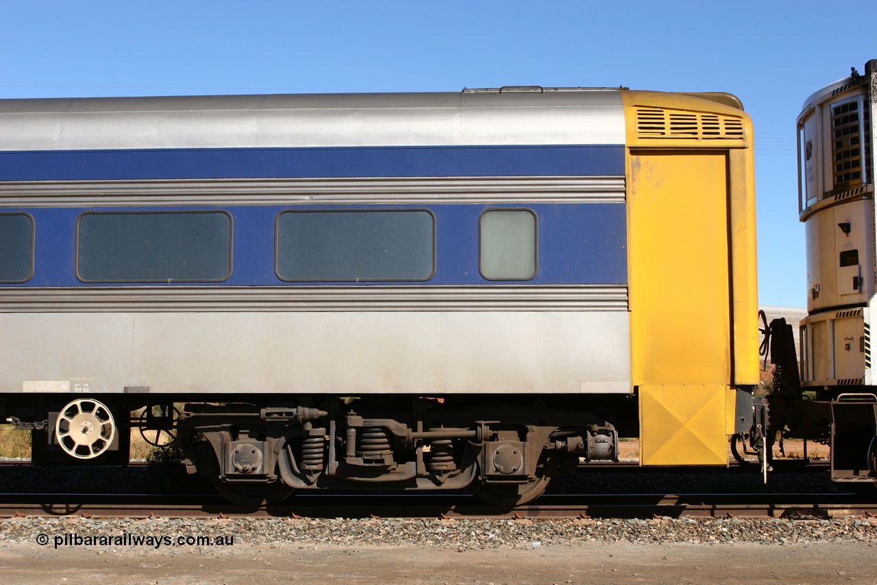 070529 9353
Parkeston; Pacific National RZDY type crew accommodation car RZDY 103 'Ibis' on train 2PM6 originally built by SAR Islington Workshops as a Bluebird railcar driving trailer in 1956 named 'Ibis', in 1986 numbered 103, in 1990 converted to locomotive hauled and coded as BR type BR 103, written off in 1995 and sold off. It was owned by a number of owners and finally in 2006 converted to a Pacific National crew car.
Keywords: RZDY-type;RZDY103;SAR-Islington-WA;Bluebird;103;BR103;812;