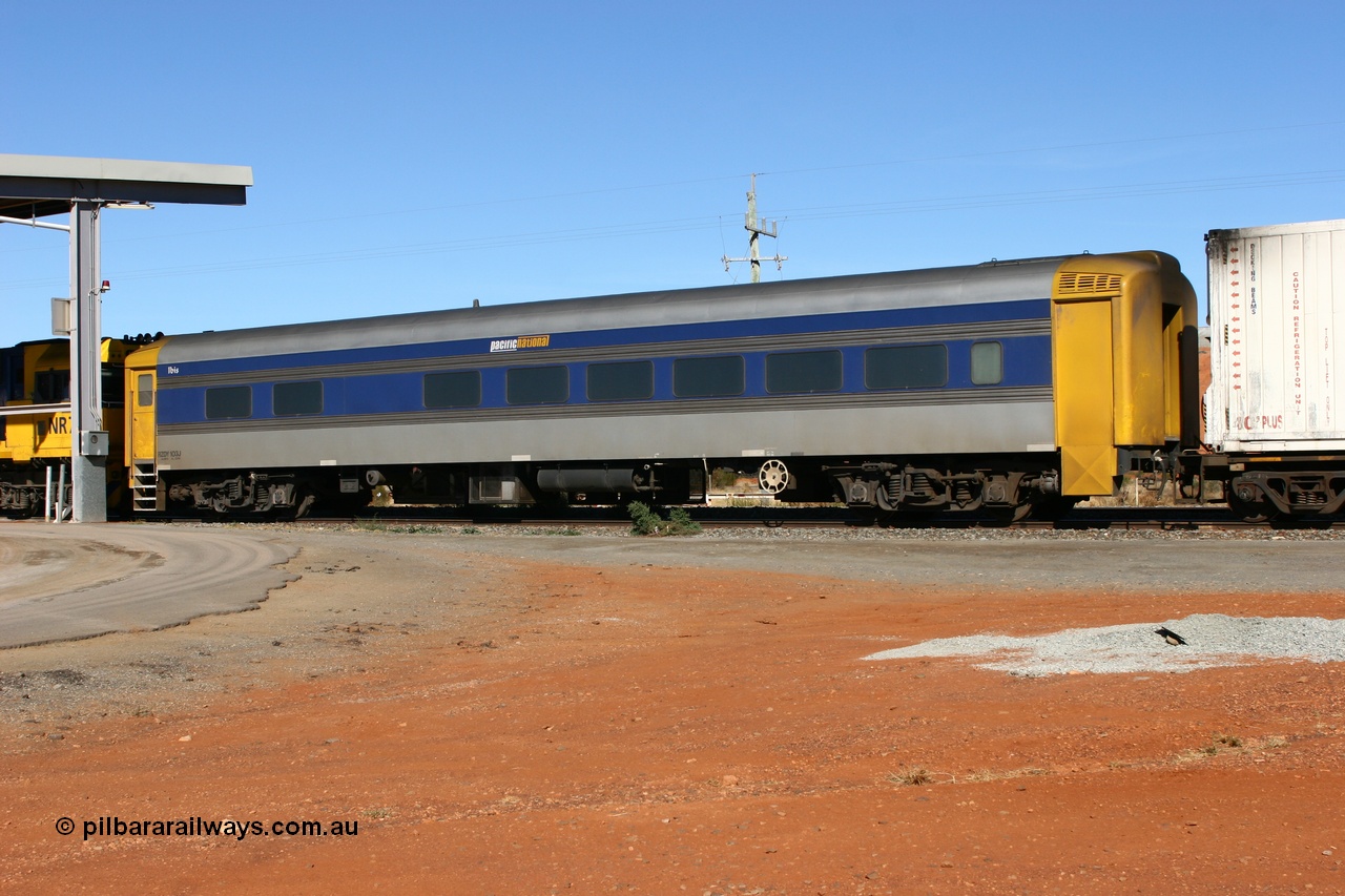 070529 9354
Parkeston; Pacific National RZDY type crew accommodation car RZDY 103 'Ibis' on train 2PM6 originally built by SAR Islington Workshops as a Bluebird railcar driving trailer in 1956 named 'Ibis', in 1986 numbered 103, in 1990 converted to locomotive hauled and coded as BR type BR 103, written off in 1995 and sold off. It was owned by a number of owners and finally in 2006 converted to a Pacific National crew car.
Keywords: RZDY-type;RZDY103;SAR-Islington-WA;Bluebird;103;BR103;812;