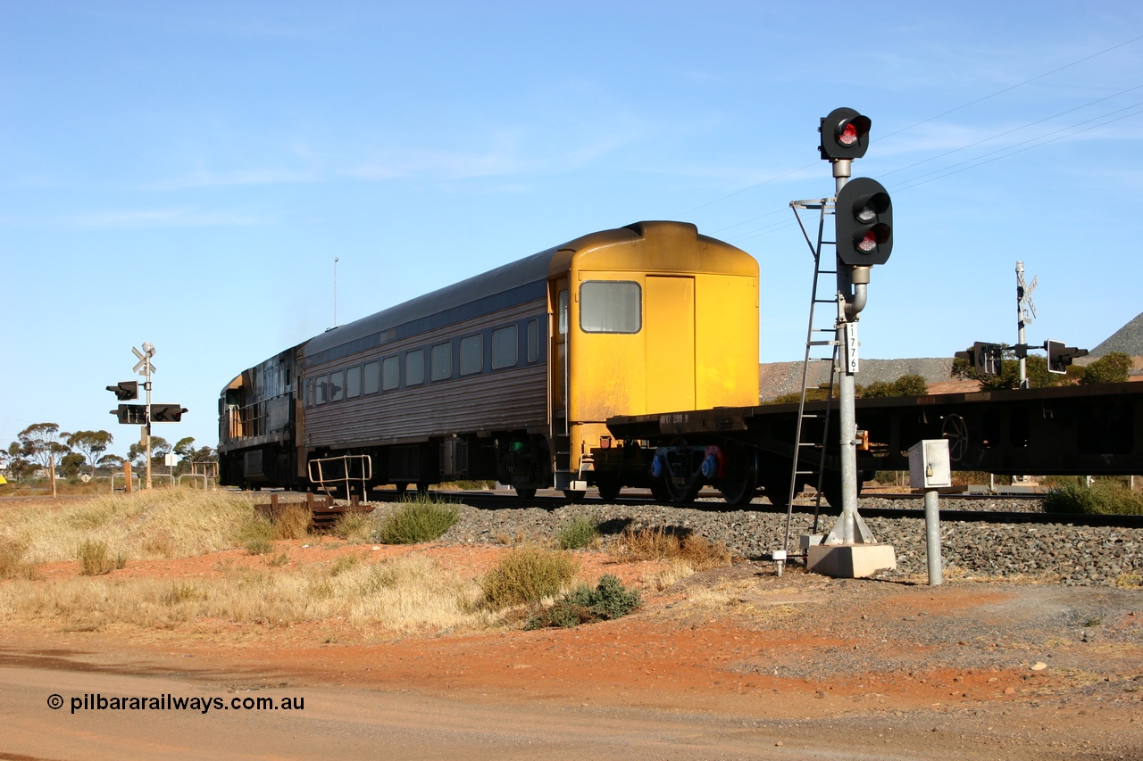 070529 9460
Parkeston; Pacific National RZDY type crew accommodation car RZDY 106 'Bittern' on train 3PW originally built by SAR Islington Workshops as a Bluebird railcar driving trailer in 1958 named 'Britten', in 1986 numbered 106, in 1990 converted to locomotive hauled and coded as BR type BR 106, written off in 1995 and sold off. In 1998 it was numbered 812. It was owned by a number of owners and then CFCLA. In 2006 converted to a Pacific National crew car.
Keywords: RZDY-type;RZDY106;SAR-Islington-WA;Bluebird;106;BR106;812;