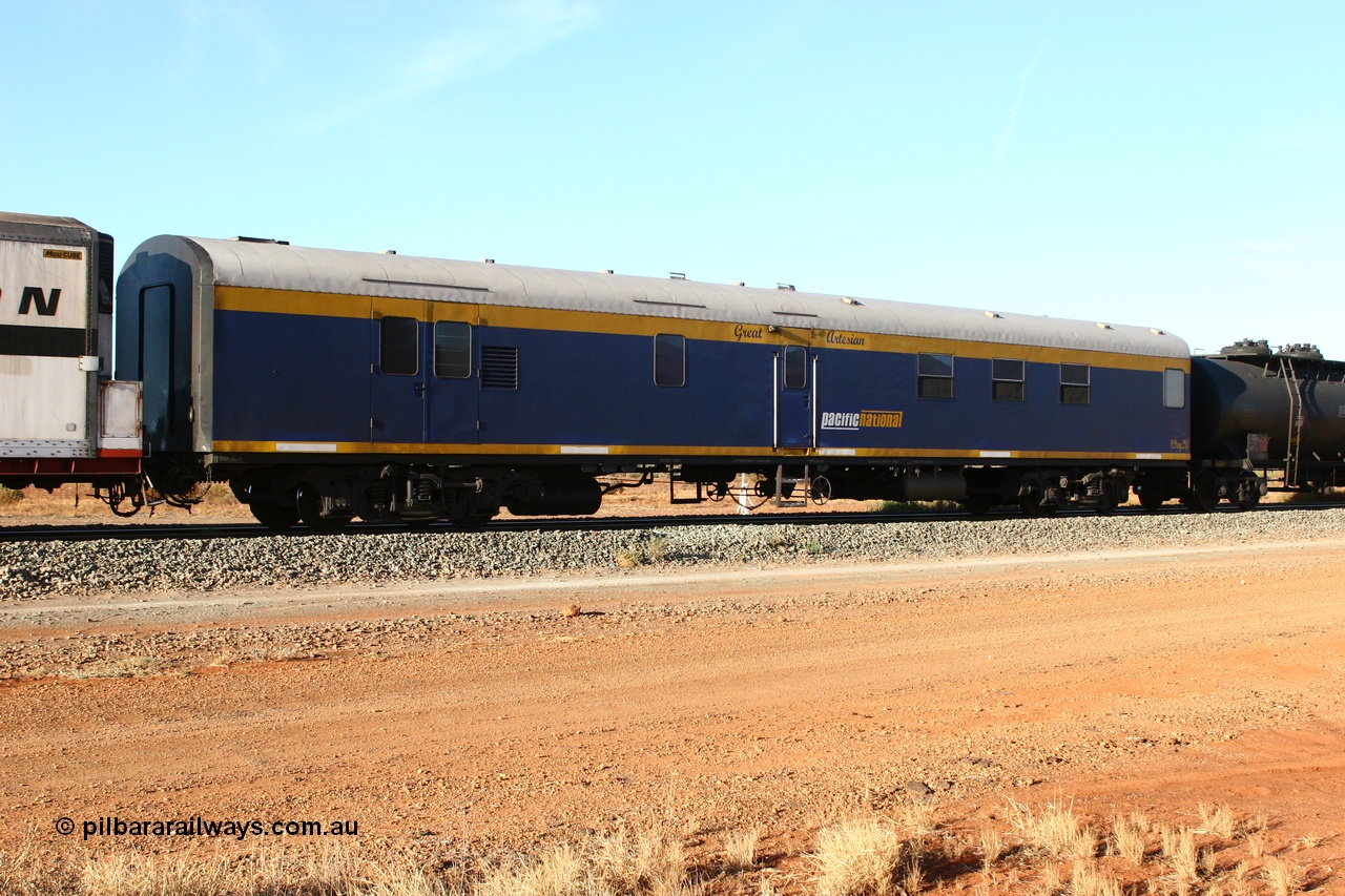 070529 9484
Parkeston, SCT VPAY type crew accommodation car VPAY 2 'Great Artesian' on train 2PM9, built by Tulloch Ltd NSW in 1968 as a narrow gauge brake van with sleeping accommodation as NHRD type NHRD 79, converted to standard gauge in 1981 and coded HRD type HRD 361. Recoded to AVDY in October 1982, then to AVDP. Sold to WCR, then in October 2000 overhauled for crew car use and coded VPAY 1 on SCT services and owned by Freight Australia. Was later sold to Pacific National and subsequently scrapped 2016.
Keywords: VPAY-type;VPAY2;Tulloch-Ltd-NSW;NHRD-type;NHRD79;HRD-type;HRD361;AVDY-type;AVDP-type;