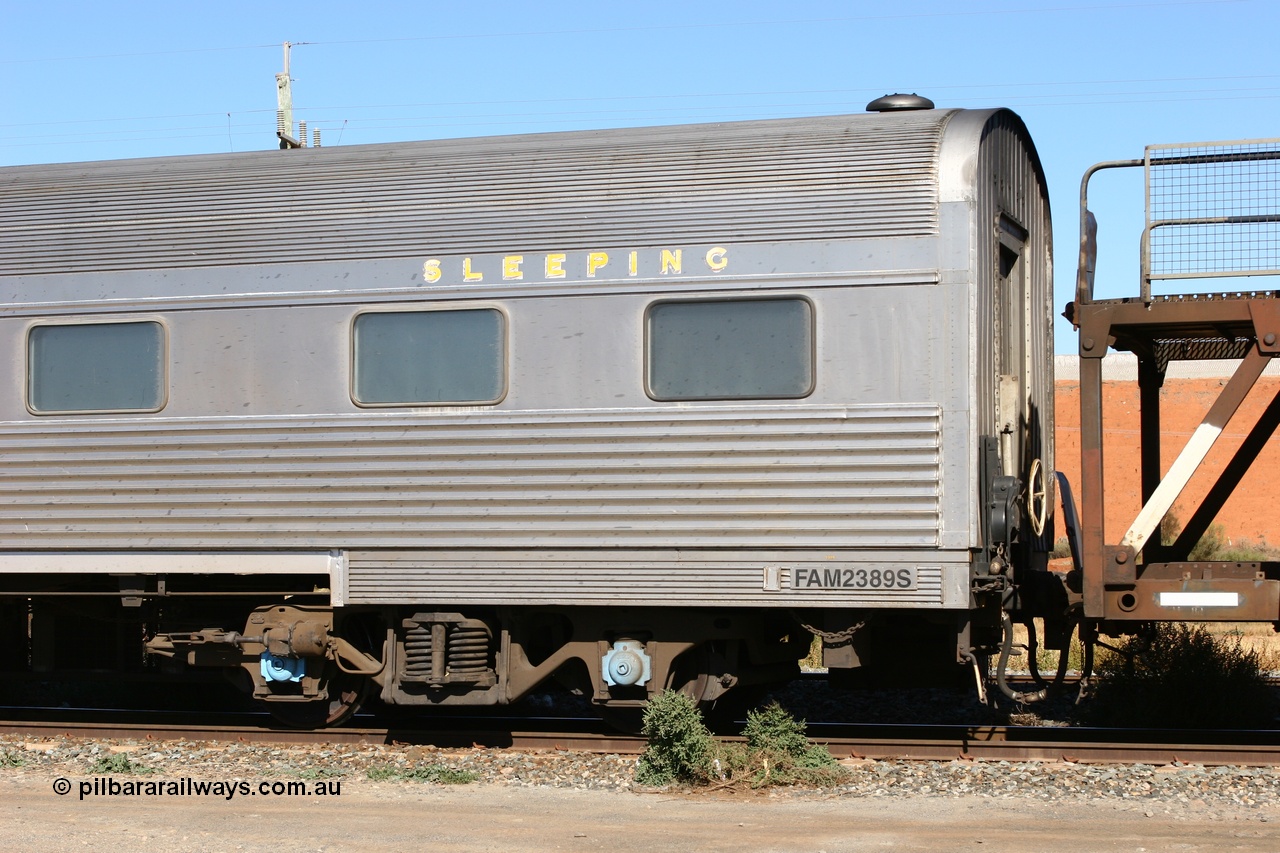 070530 9547
Parkeston, Pacific National FAM type crew accommodation coach FAM 2389 on train 3PM6, built for the NSWGR by Comeng NSW in 1976 as part of a batch of ten FAM type twinette sleeper cars, FAM 2389 was also the Lithgow breakdown train accommodation car for a time, converted to a crew car by Bluebird Rail at Islington in September 2005.
Keywords: FAM-type;FAM2389;Comeng-NSW;
