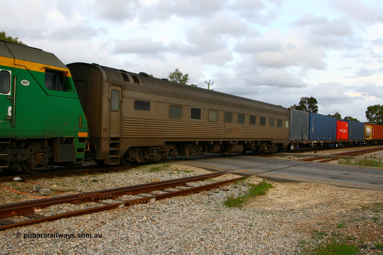 070613 0072
Woodbridge, Pacific National RZBY type crew accommodation car RZBY 208 on train 4PM6, built by Comeng NSW as ER type stainless steel air conditioned crew dormitory car ER 208 in 1969, sold to National Rail and converted to crew car in 1997.
Keywords: RZBY-type;RZBY208;Comeng-NSW;ER-type;