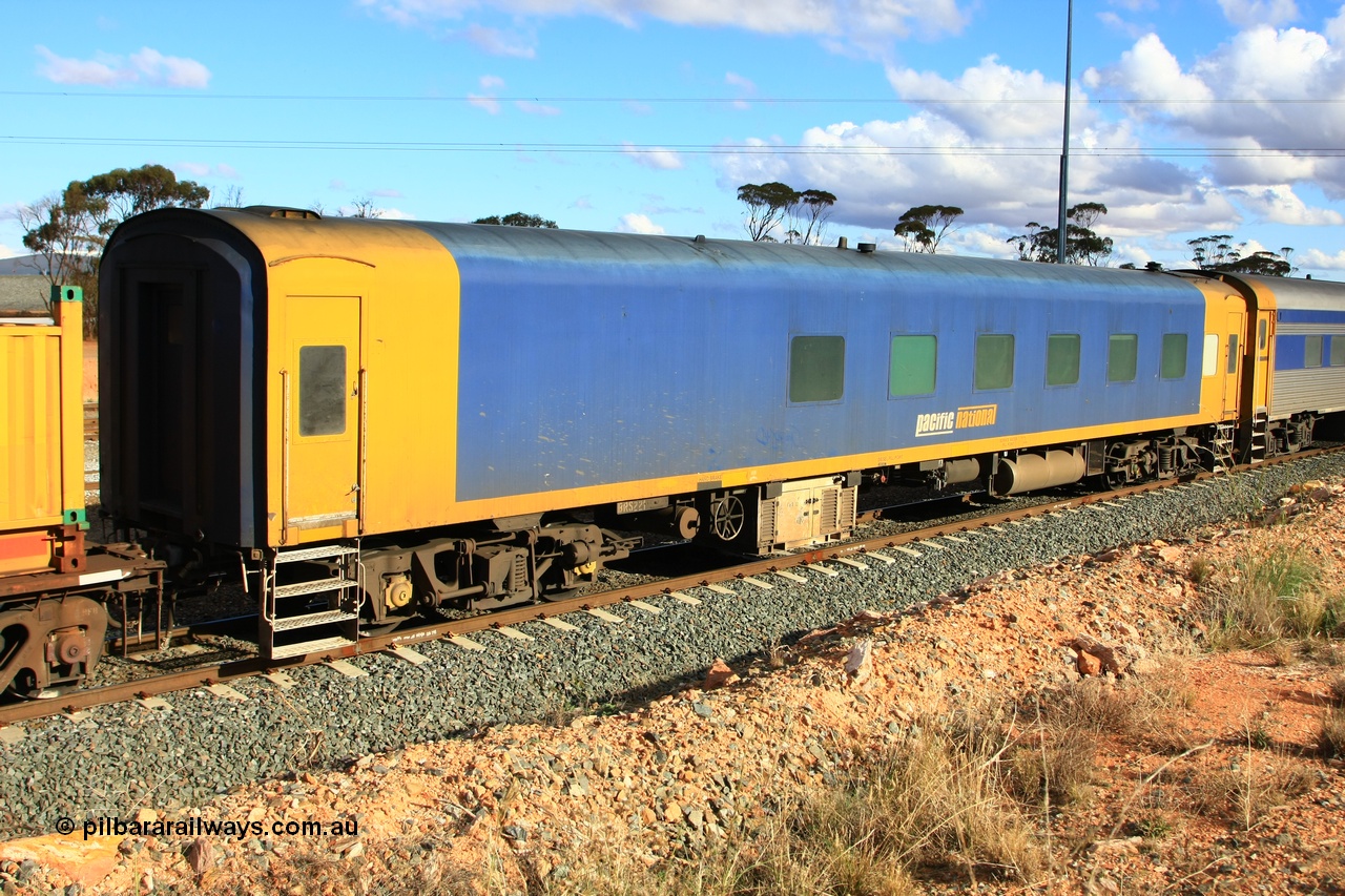 100601 8389
West Kalgoorlie, Pacific National BRS type crew accommodation coach BRS 221, originally built by Victorian Railways Newport Workshops in November 1940 as an AS type first class sitting car for the Spirit of Progress as AS 6, in April 1983 converted to a combined sitting accommodation and a mini refreshment service as BRS type BRS 1, then in September 1985 renumbered to BRS 221. Sold to West Coast Railway mid 1990s, converted to crew car after 2004.
Keywords: BRS-type;BRS221;Victorian-Railways-Newport-WS;AS-type;AS6;BRS-type;BRS1;